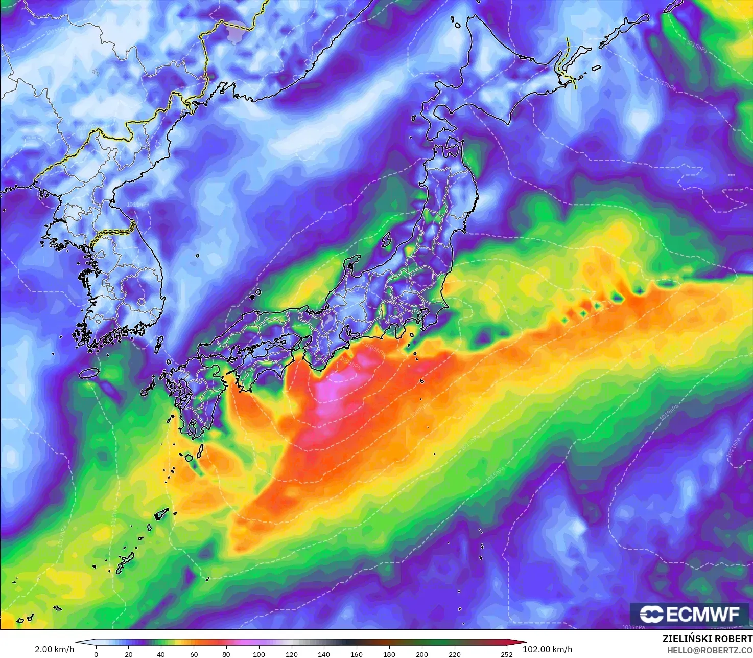 ECMWF IFS 0.25° modelo - Japón, Ráfagas de viento
