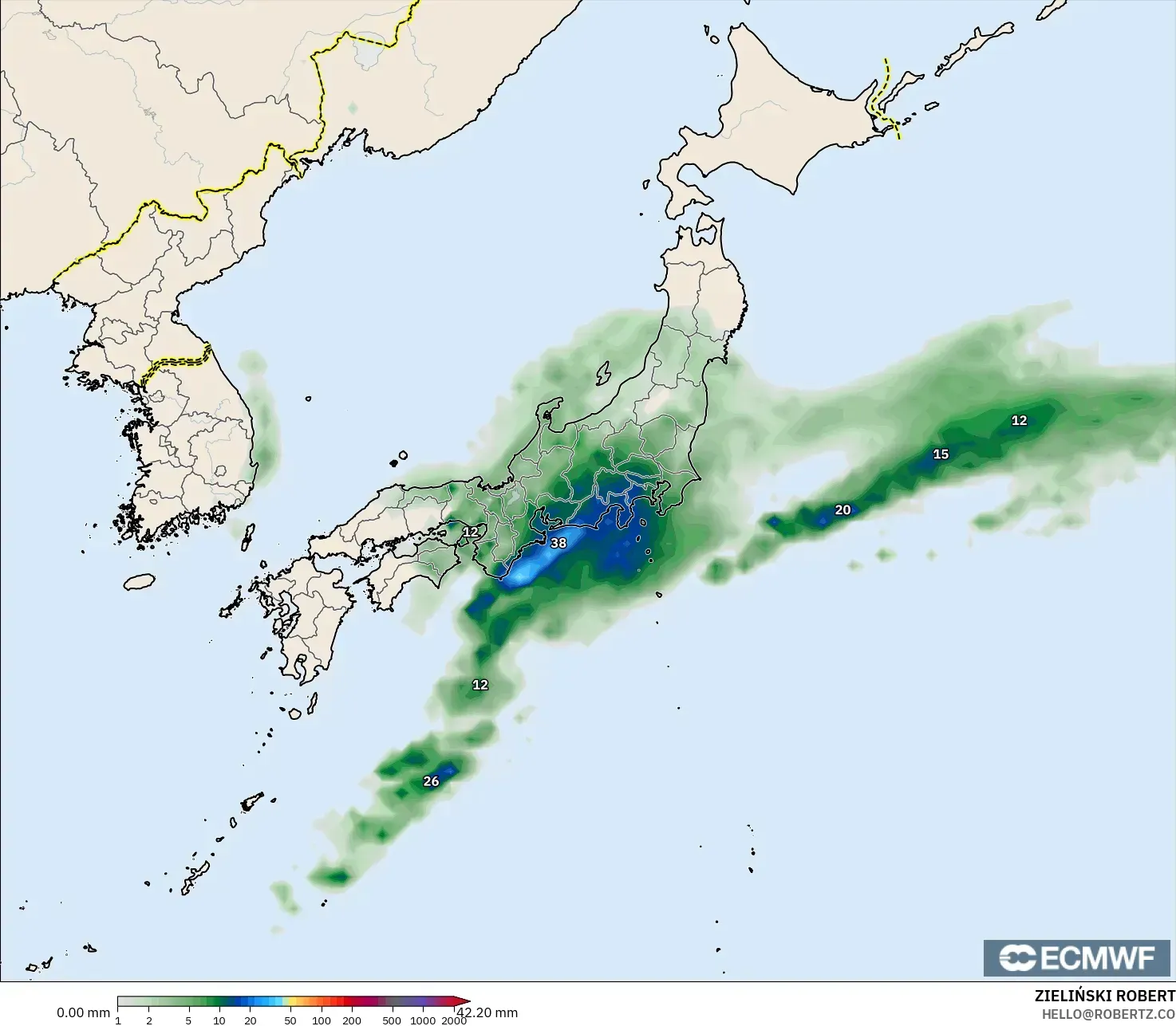 ECMWF IFS 0.25° modelo - Japón, Acumulación de precipitación