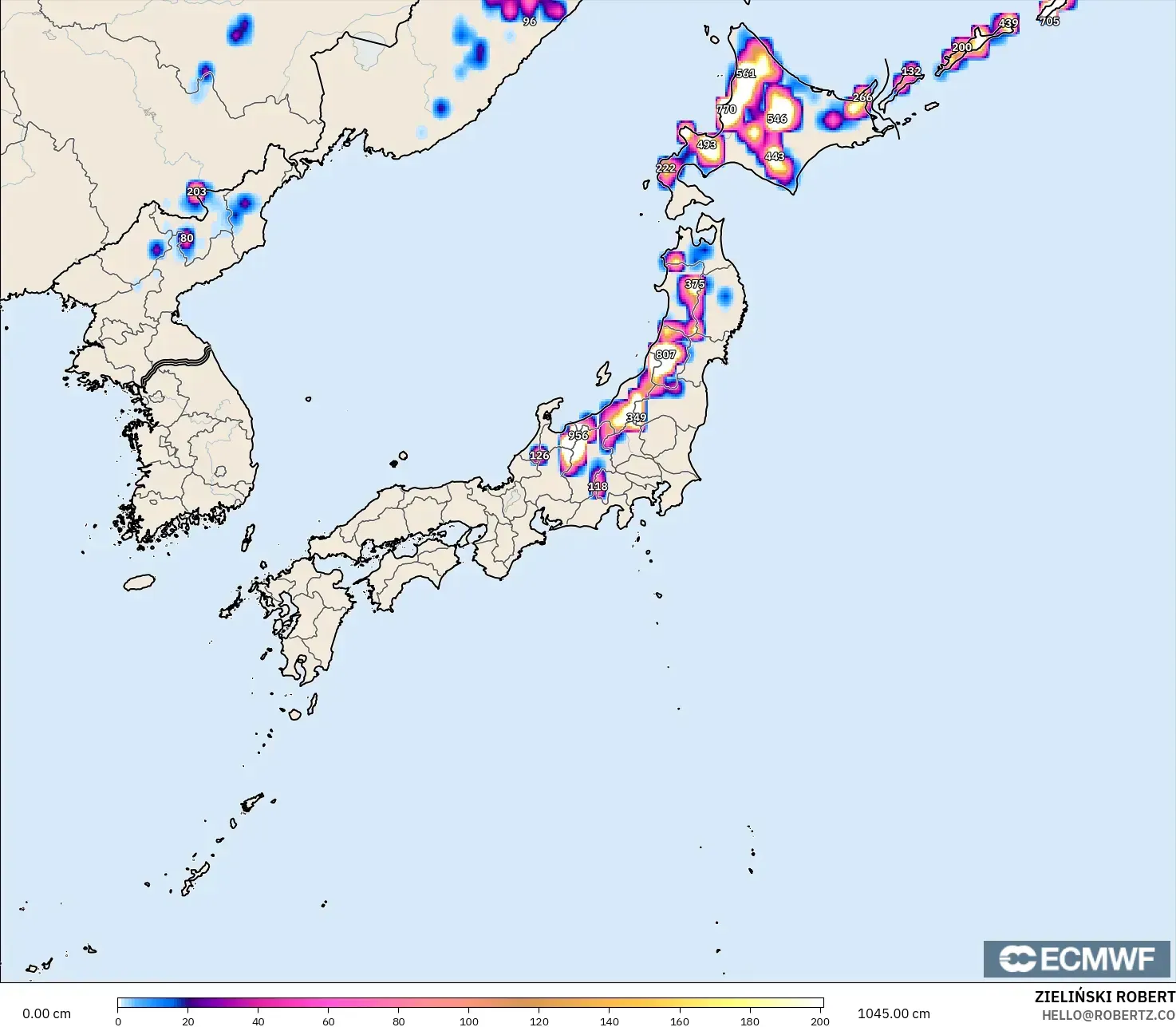 ECMWF IFS 0.25° modelo - Japón, Profundidad de nieve