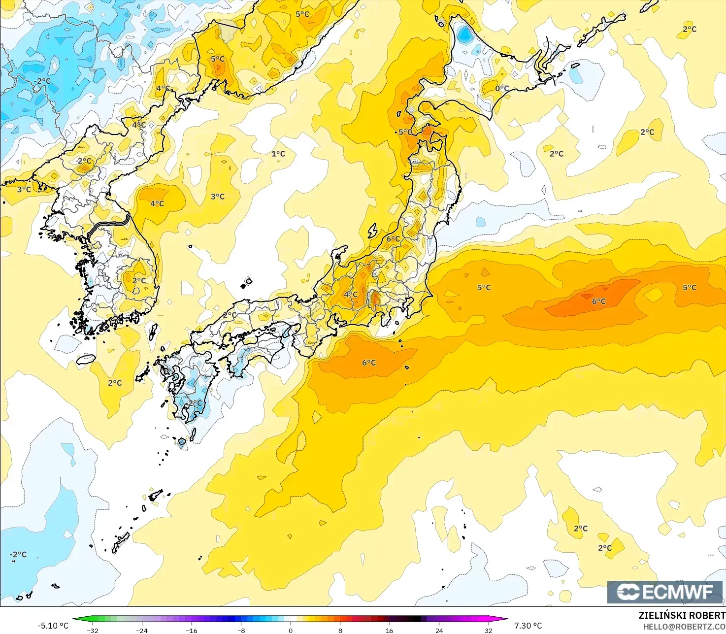 ECMWF IFS 0.25° modelo - Japón, Anomalía de temperatura a 2 m