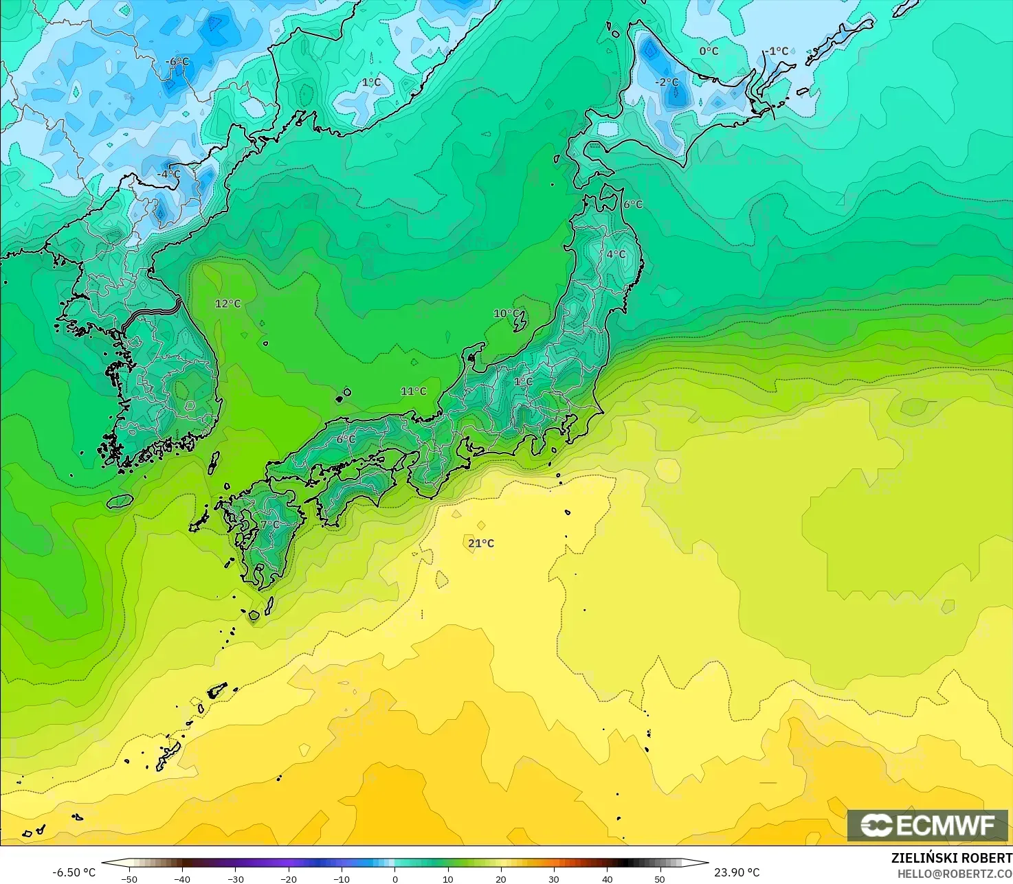 ECMWF IFS 0.25° modelo - Japón, Temperatura a 2 m