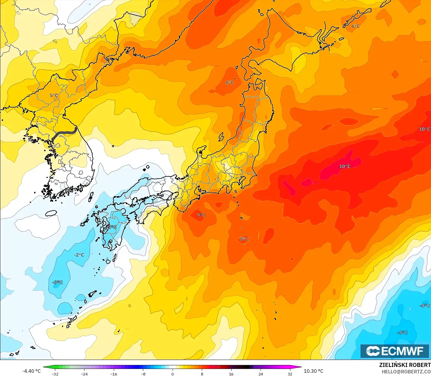 ECMWF IFS 0.25° modelo - Japón, Anomalía de temperatura a 850 hPa