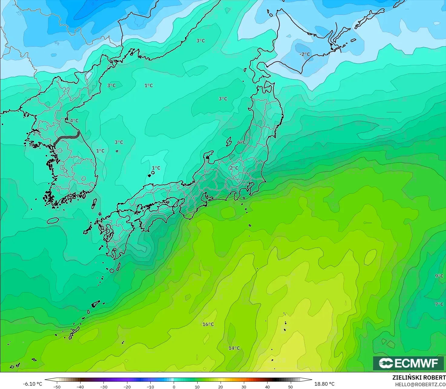 ECMWF IFS 0.25° modelo - Japón, Temperatura a 850 hPa