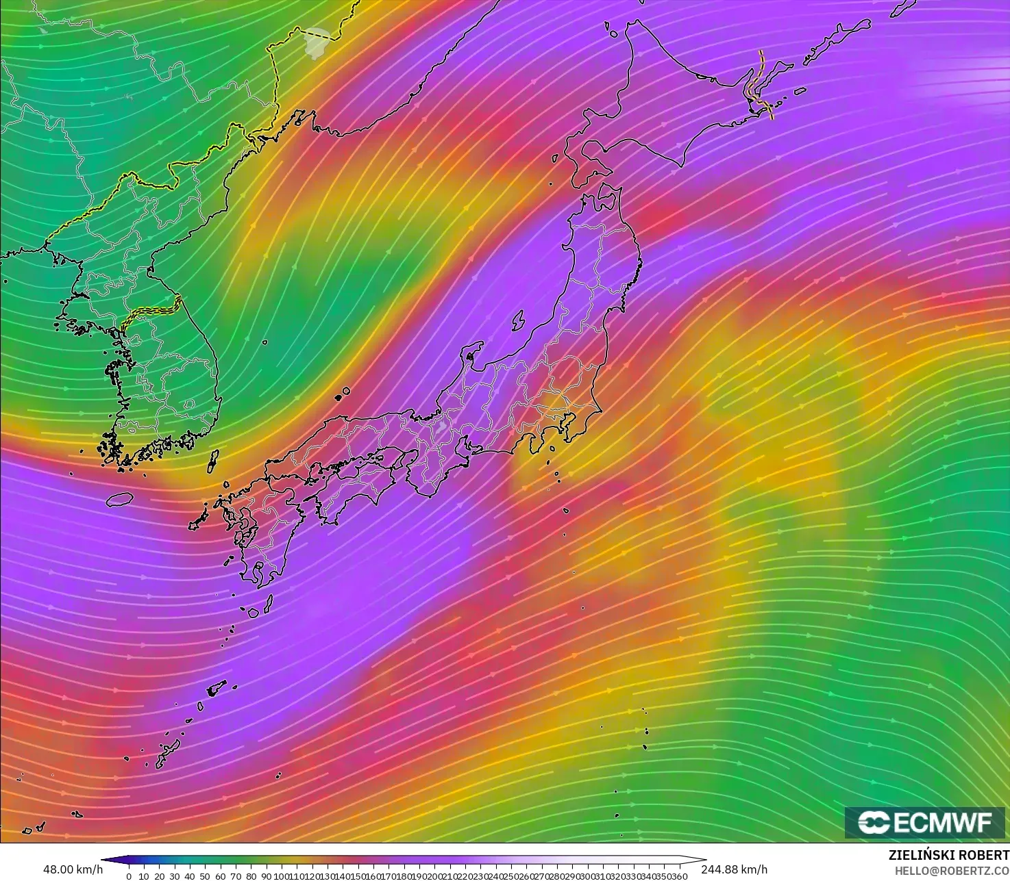 ECMWF IFS 0.25° modelo - Japón, Viento a 300 hPa (corriente en chorro)