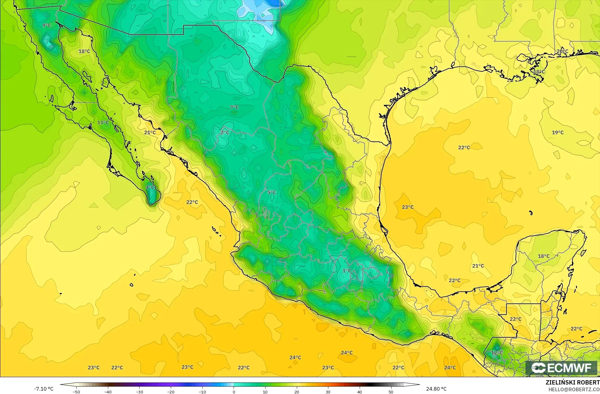 ECMWF IFS 0.25° modelo - México, Punto de rocío a 2 m