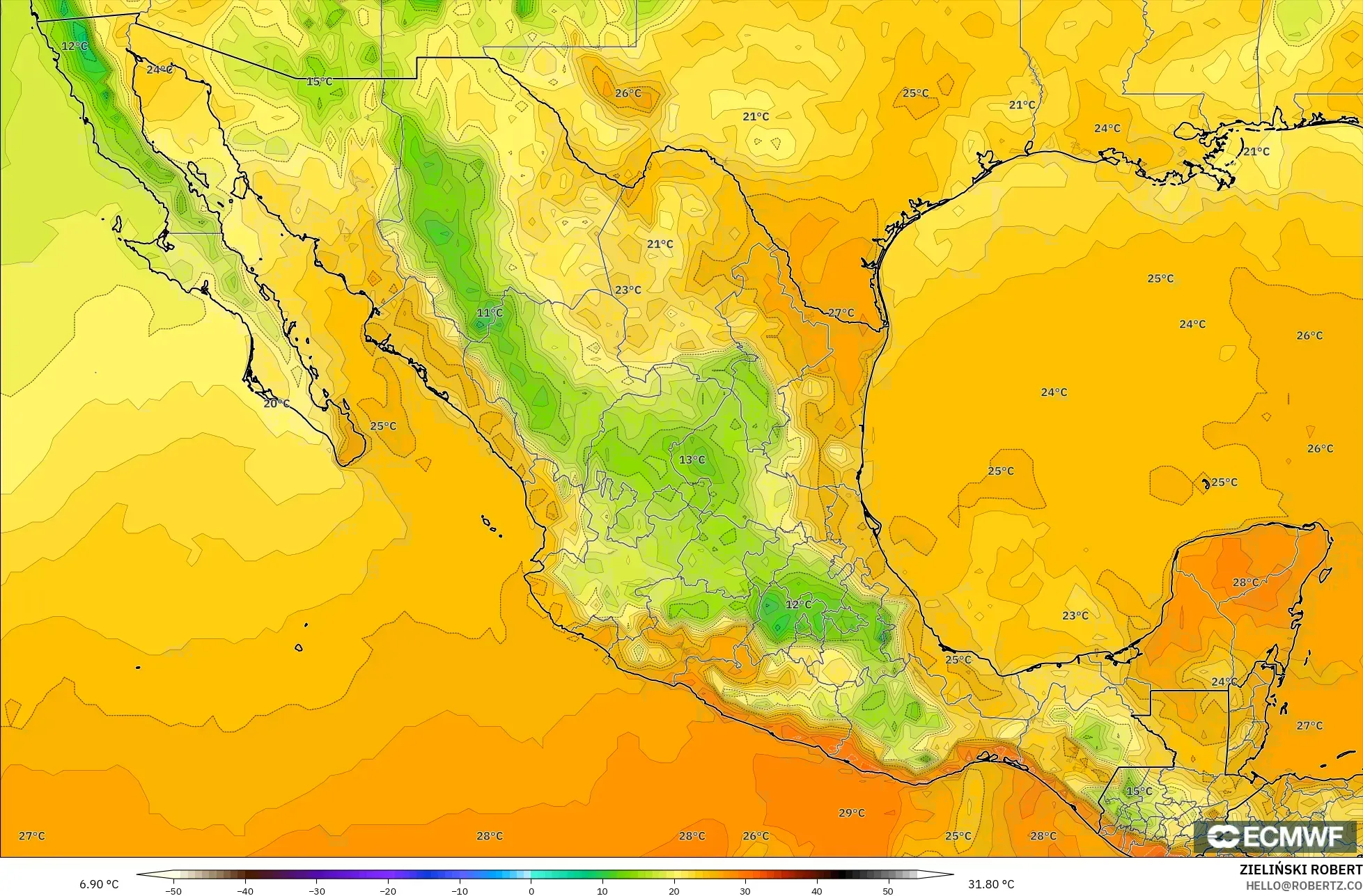 ECMWF IFS 0.25° modelo - México, Temperatura a 2 m