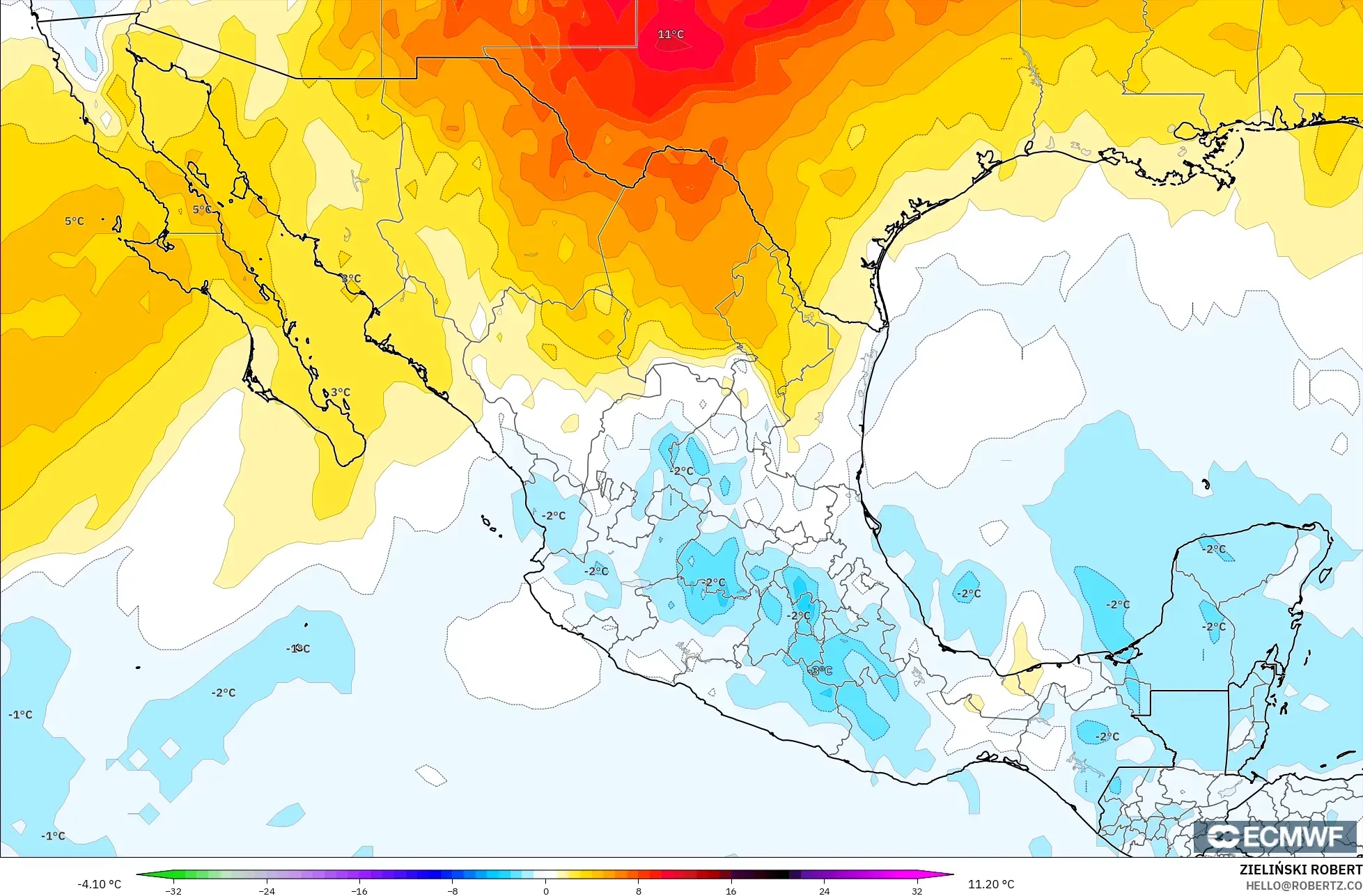 ECMWF IFS 0.25° modelo - México, Anomalía de temperatura a 850 hPa