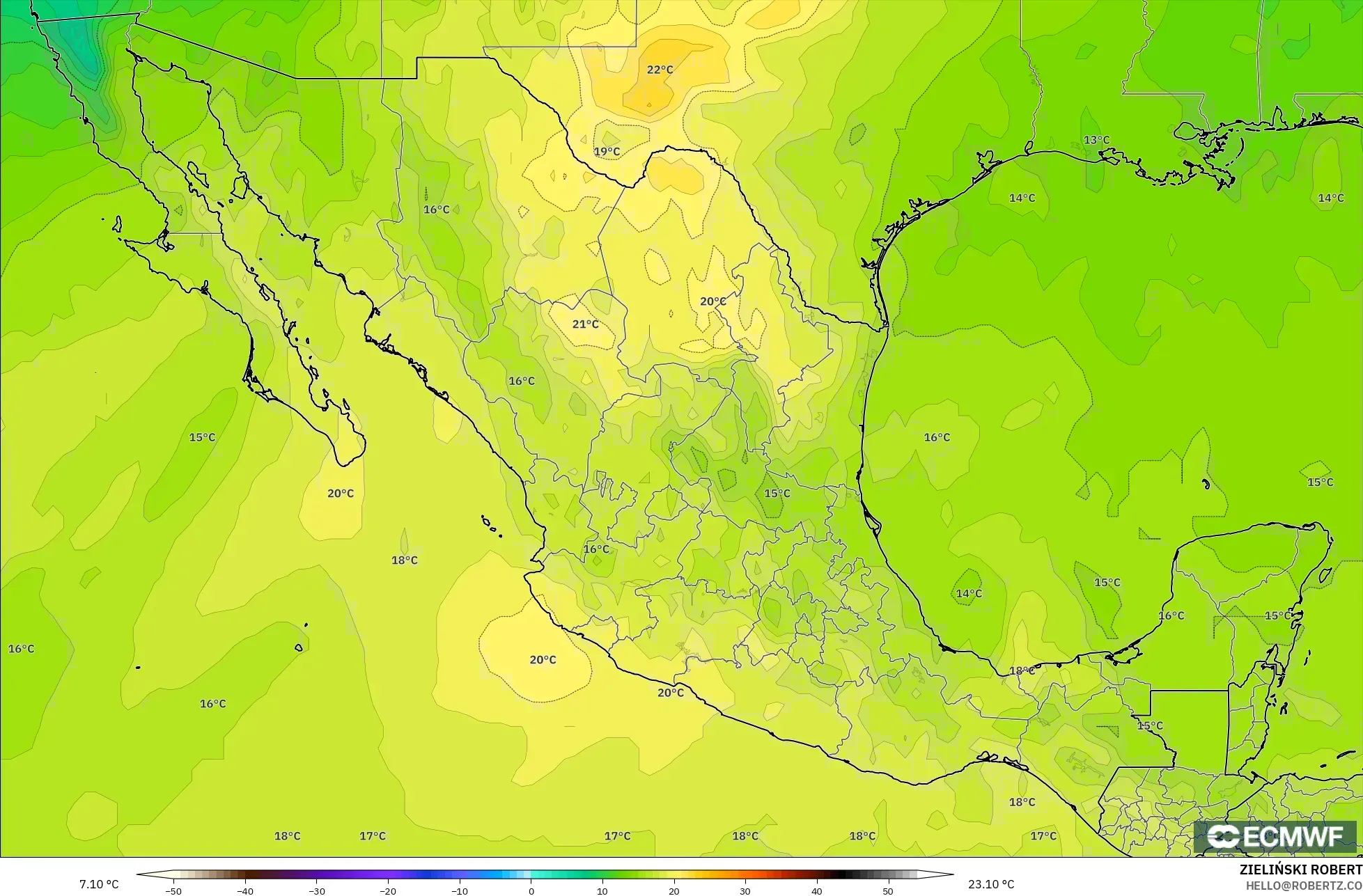 ECMWF IFS 0.25° modelo - México, Temperatura a 850 hPa