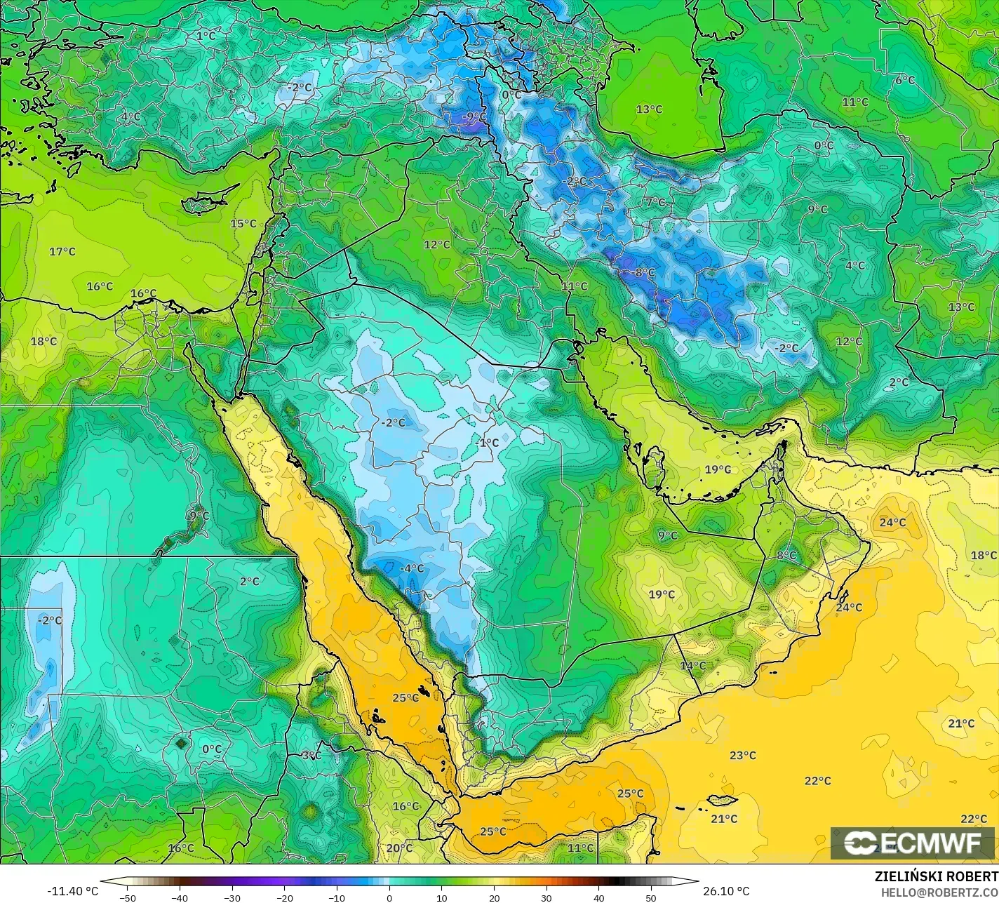 ECMWF IFS 0.25° modelo - Oriente Medio, Punto de rocío a 2 m