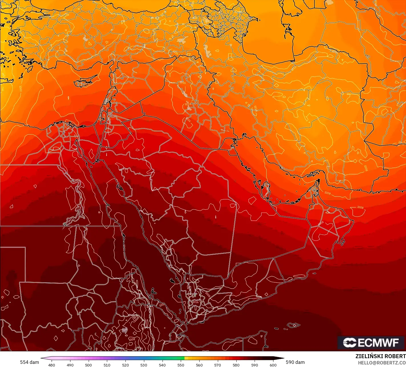 ECMWF IFS 0.25° modelo - Oriente Medio, Altura geopotencial a 500 hPa