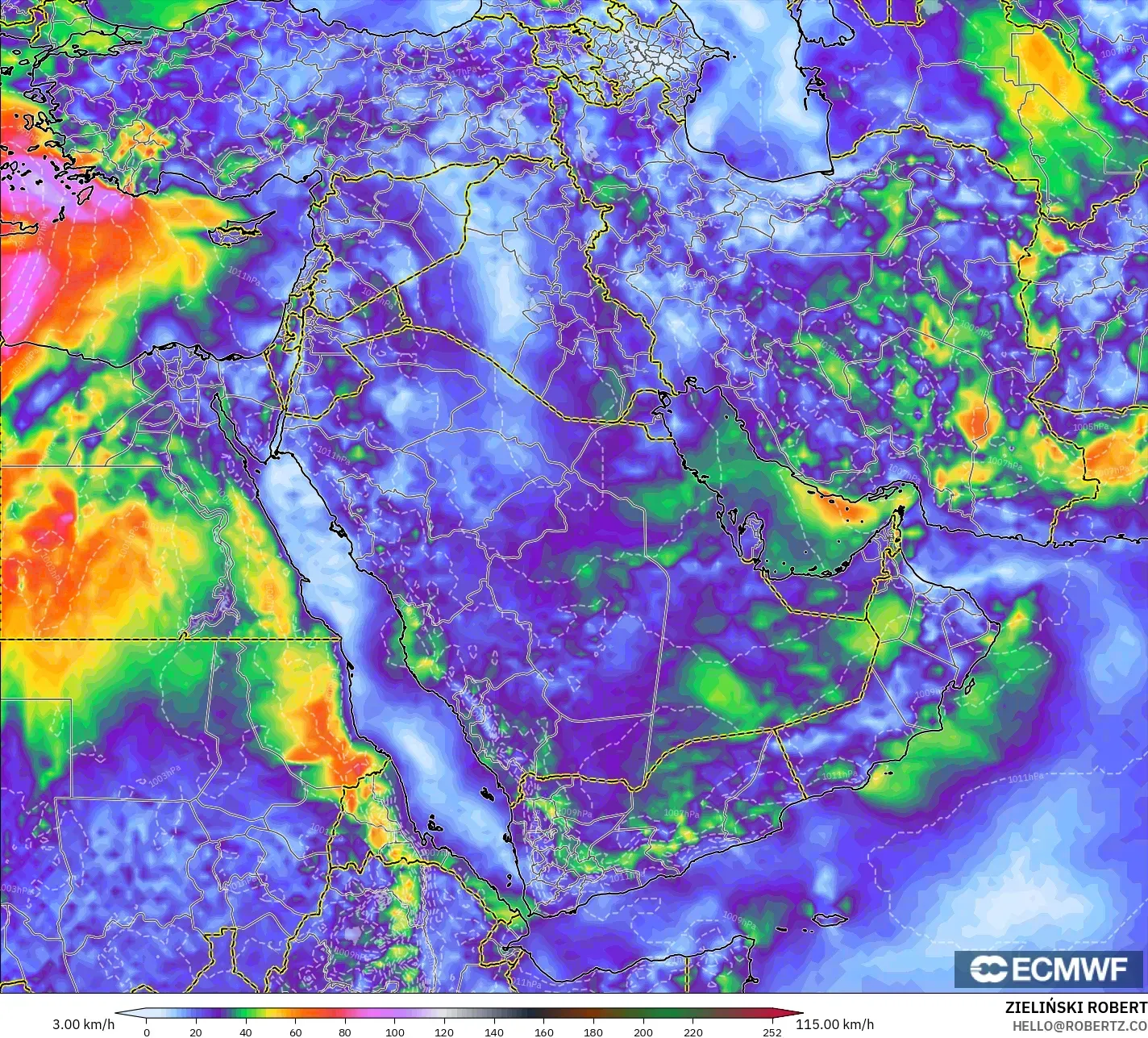ECMWF IFS 0.25° modelo - Oriente Medio, Ráfagas de Viento Máximas