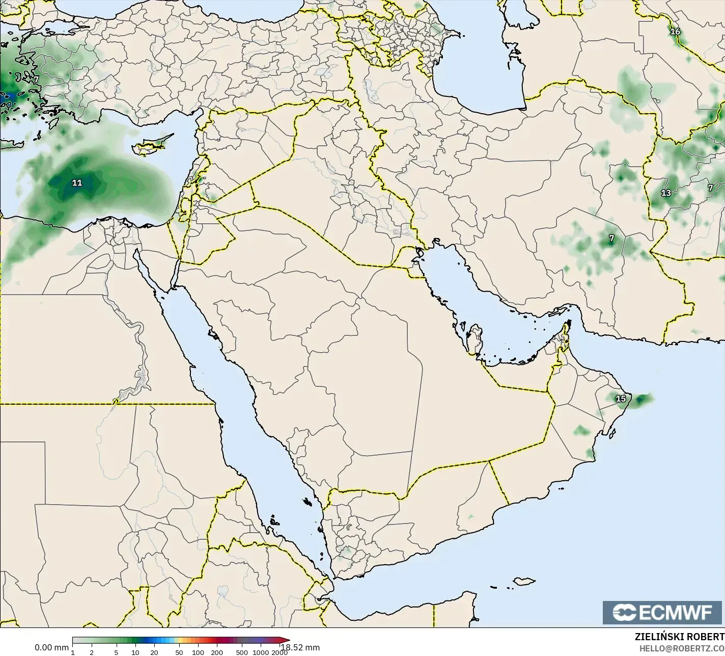 ECMWF IFS 0.25° modelo - Oriente Medio, Acumulación de precipitación