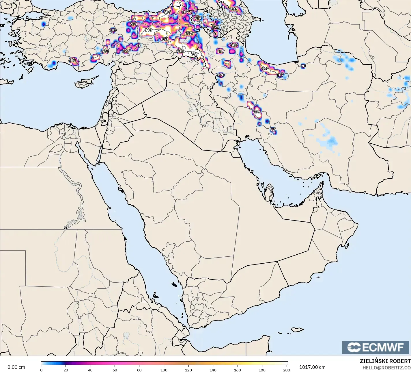 ECMWF IFS 0.25° modelo - Oriente Medio, Profundidad de nieve