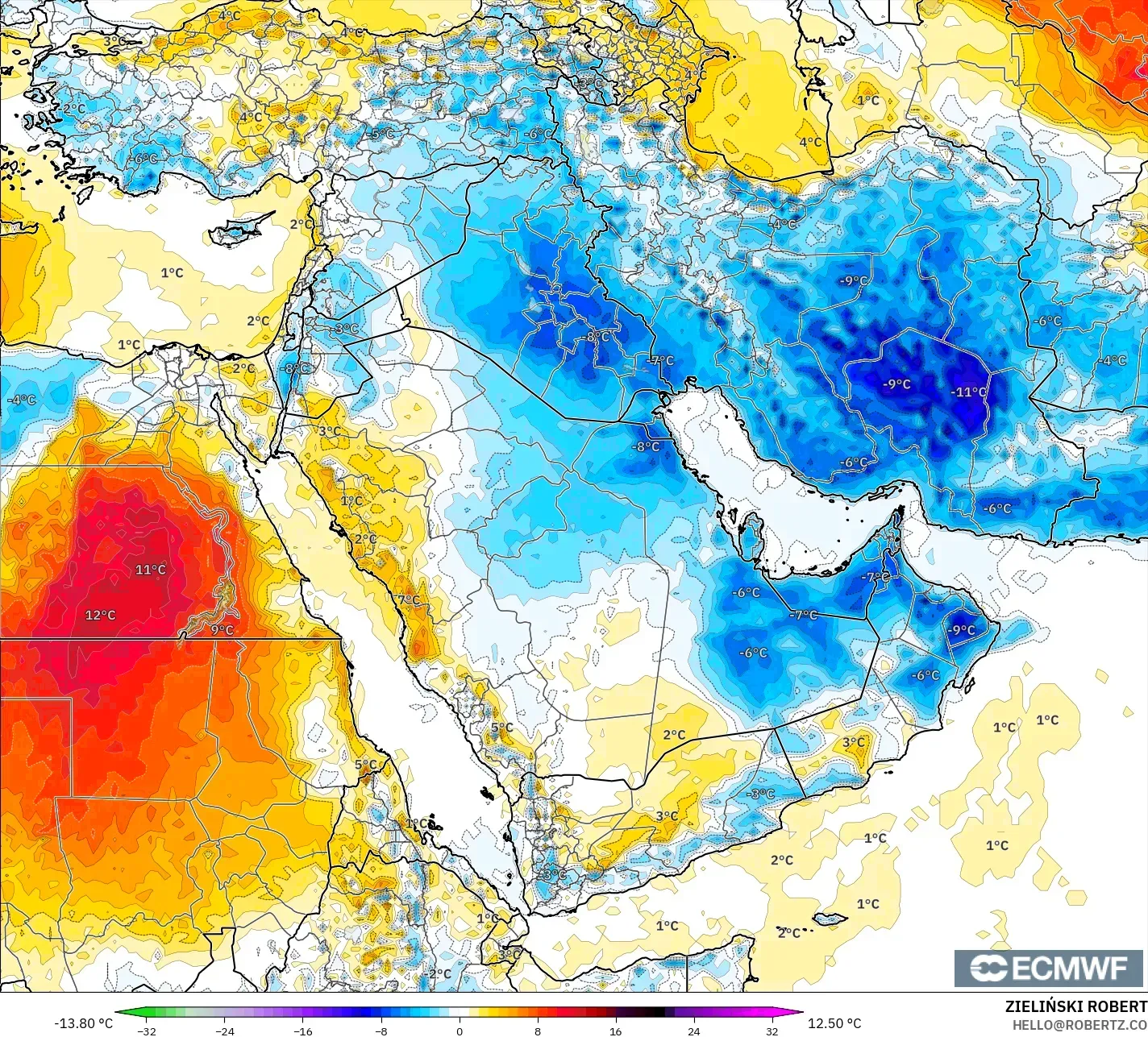 ECMWF IFS 0.25° modelo - Oriente Medio, Anomalía de temperatura a 2 m