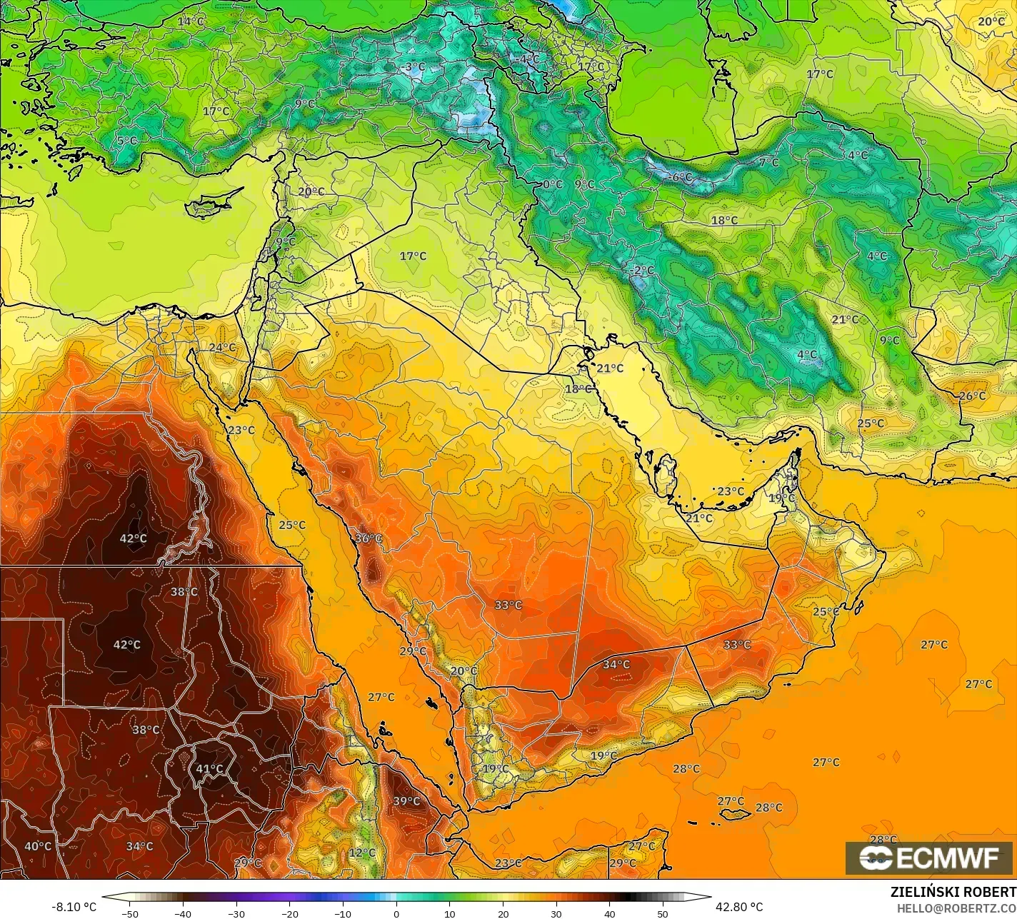 ECMWF IFS 0.25° modelo - Oriente Medio, Temperatura a 2 m