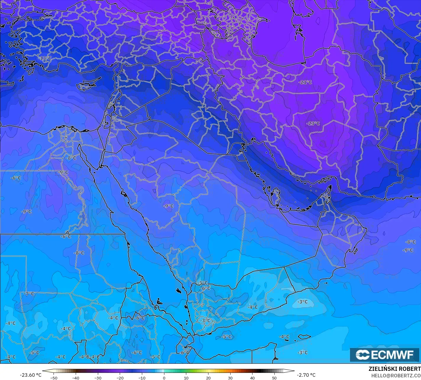 ECMWF IFS 0.25° modelo - Oriente Medio, Temperatura a 500 hPa