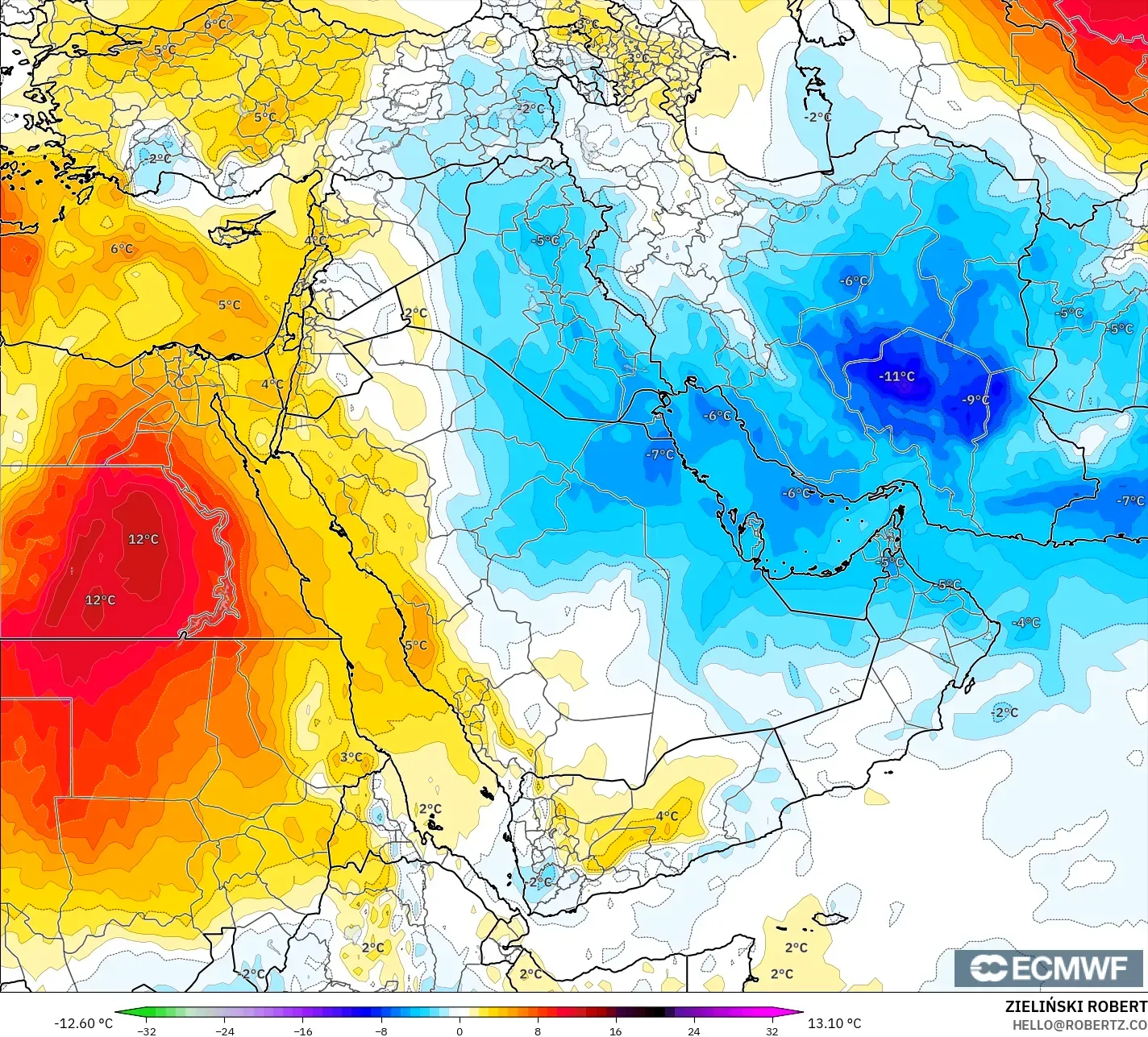 ECMWF IFS 0.25° modelo - Oriente Medio, Anomalía de temperatura a 850 hPa
