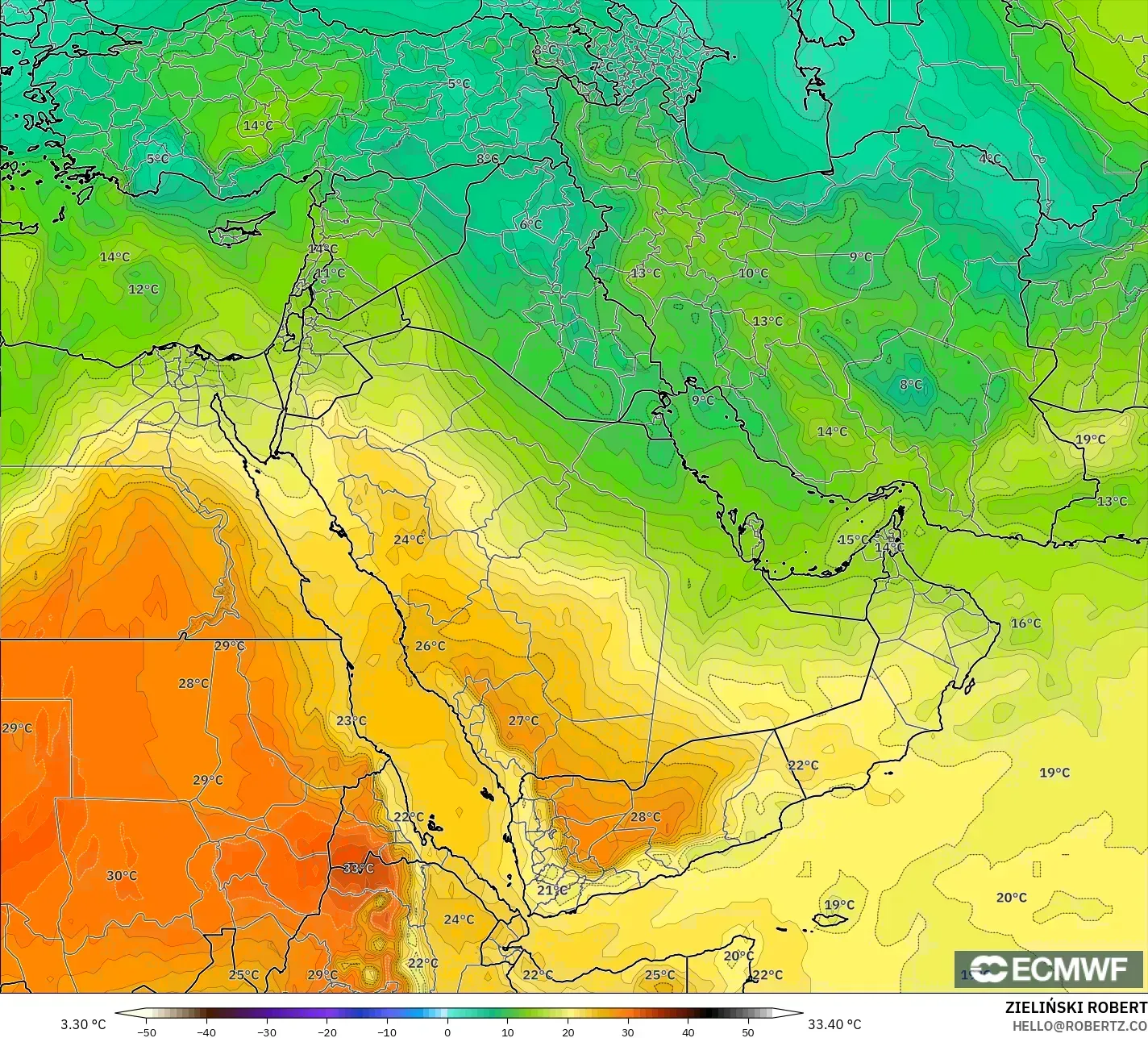 ECMWF IFS 0.25° modelo - Oriente Medio, Temperatura a 850 hPa