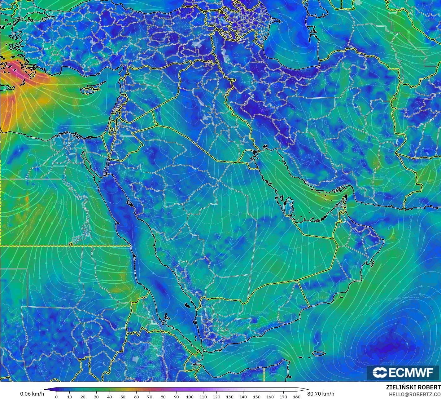 ECMWF IFS 0.25° modelo - Oriente Medio, Viento a 10 m