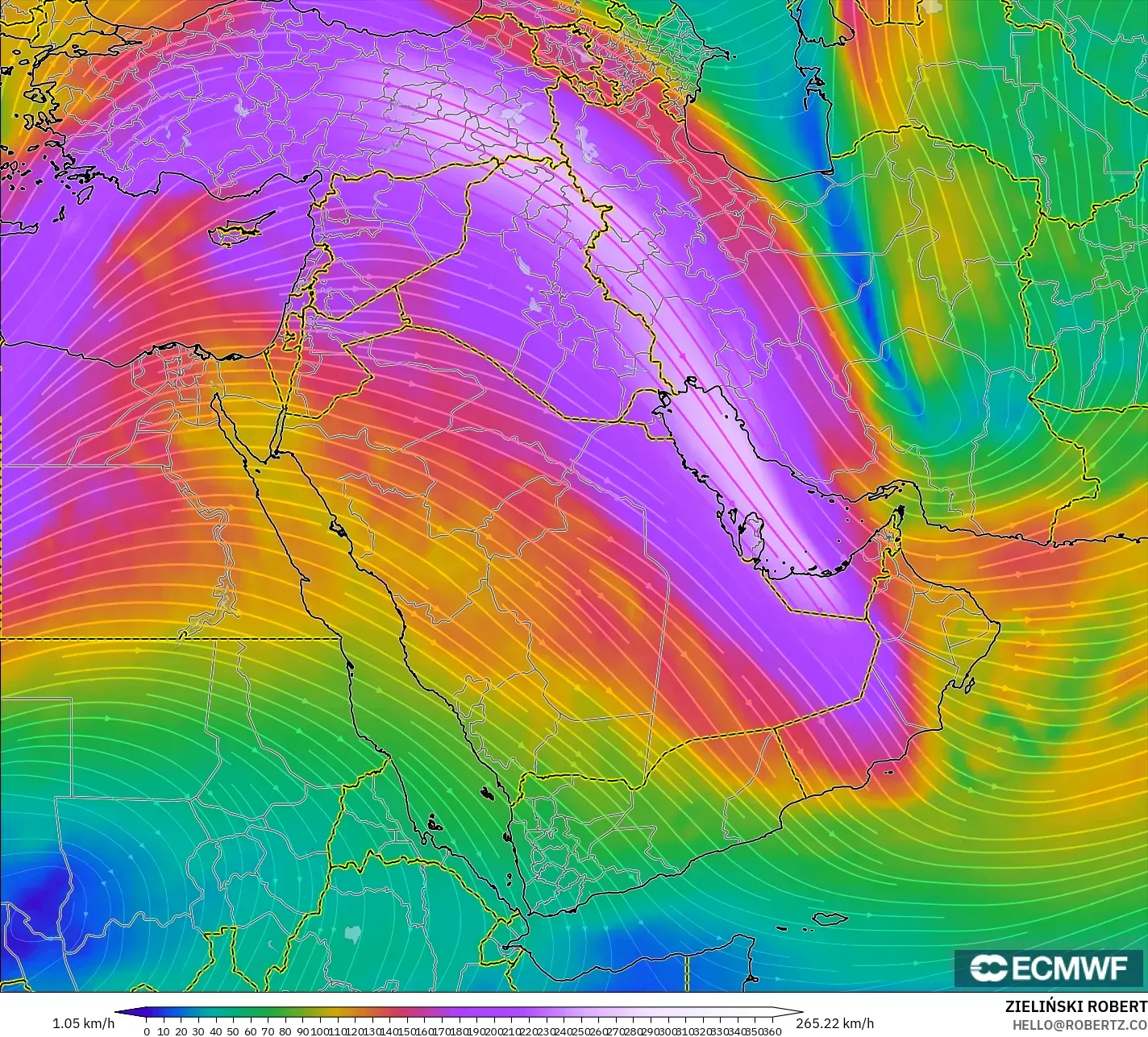 ECMWF IFS 0.25° modelo - Oriente Medio, Viento a 300 hPa (corriente en chorro)