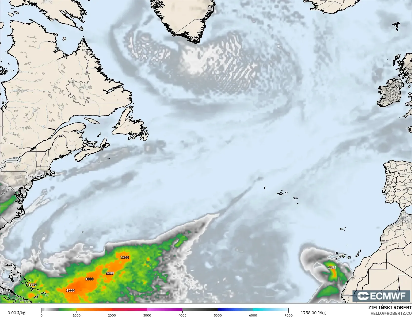 ECMWF IFS 0.25° modelo - Norte Atlántico, CAPE
