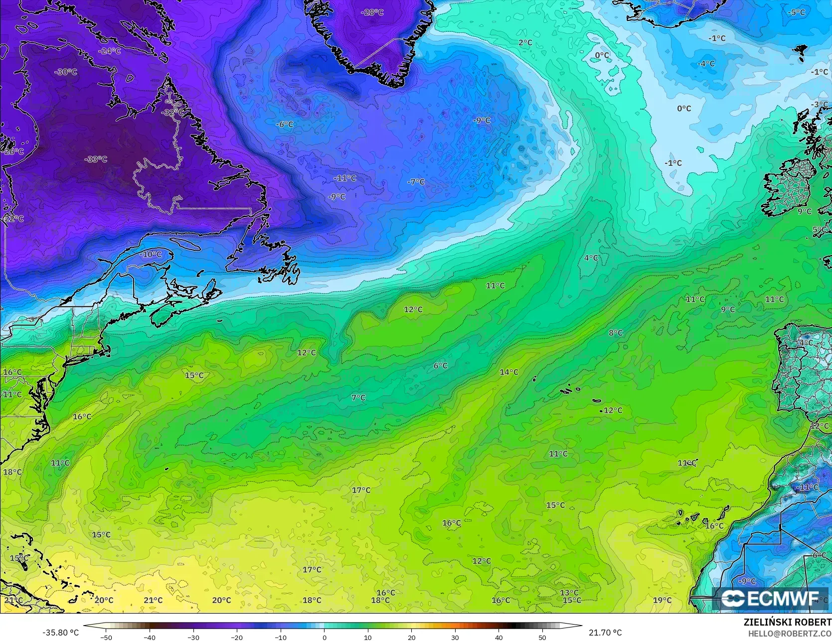 ECMWF IFS 0.25° modelo - Norte Atlántico, Punto de rocío a 2 m