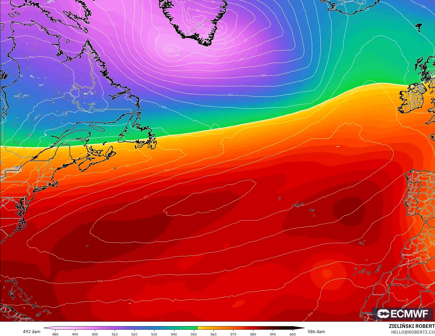 ECMWF IFS 0.25° modelo - Norte Atlántico, Altura geopotencial a 500 hPa