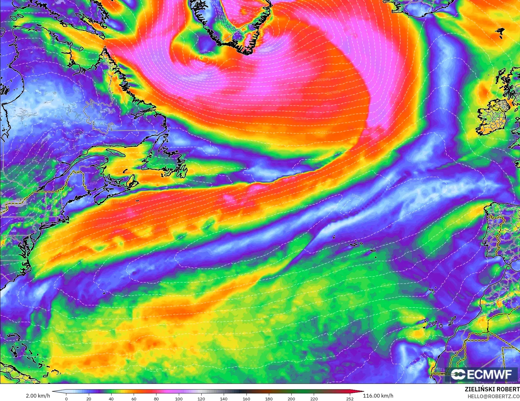 ECMWF IFS 0.25° modelo - Norte Atlántico, Ráfagas de viento