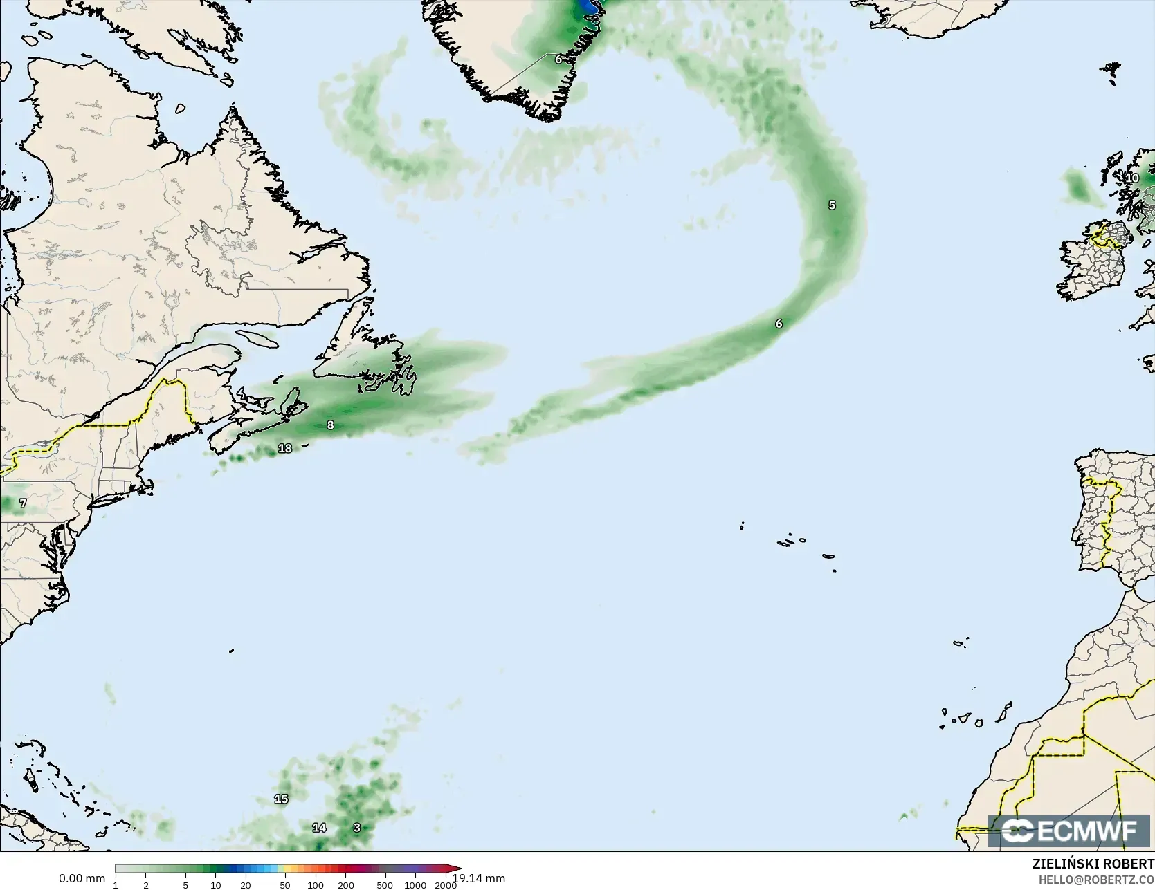 ECMWF IFS 0.25° modelo - Norte Atlántico, Acumulación de precipitación