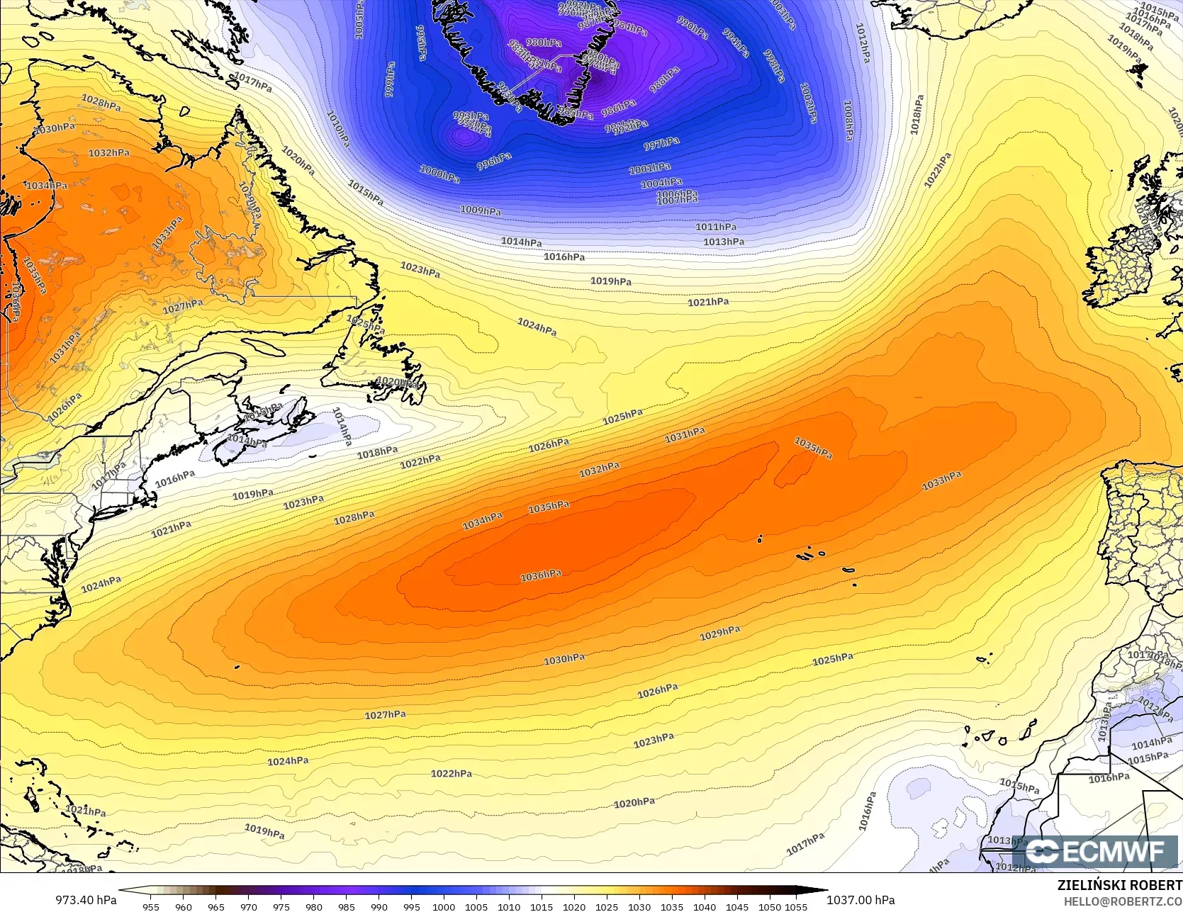 ECMWF IFS 0.25° modelo - Norte Atlántico, Presión