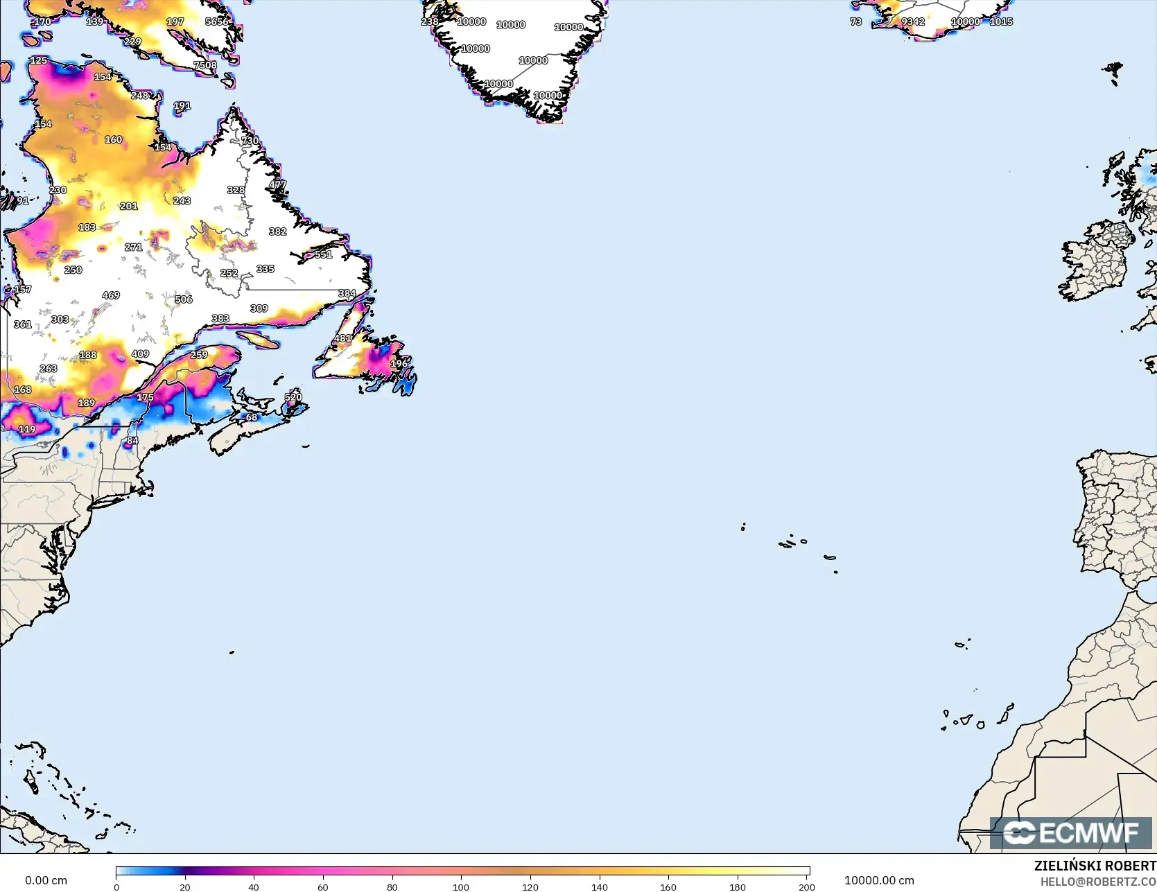 ECMWF IFS 0.25° modelo - Norte Atlántico, Profundidad de nieve