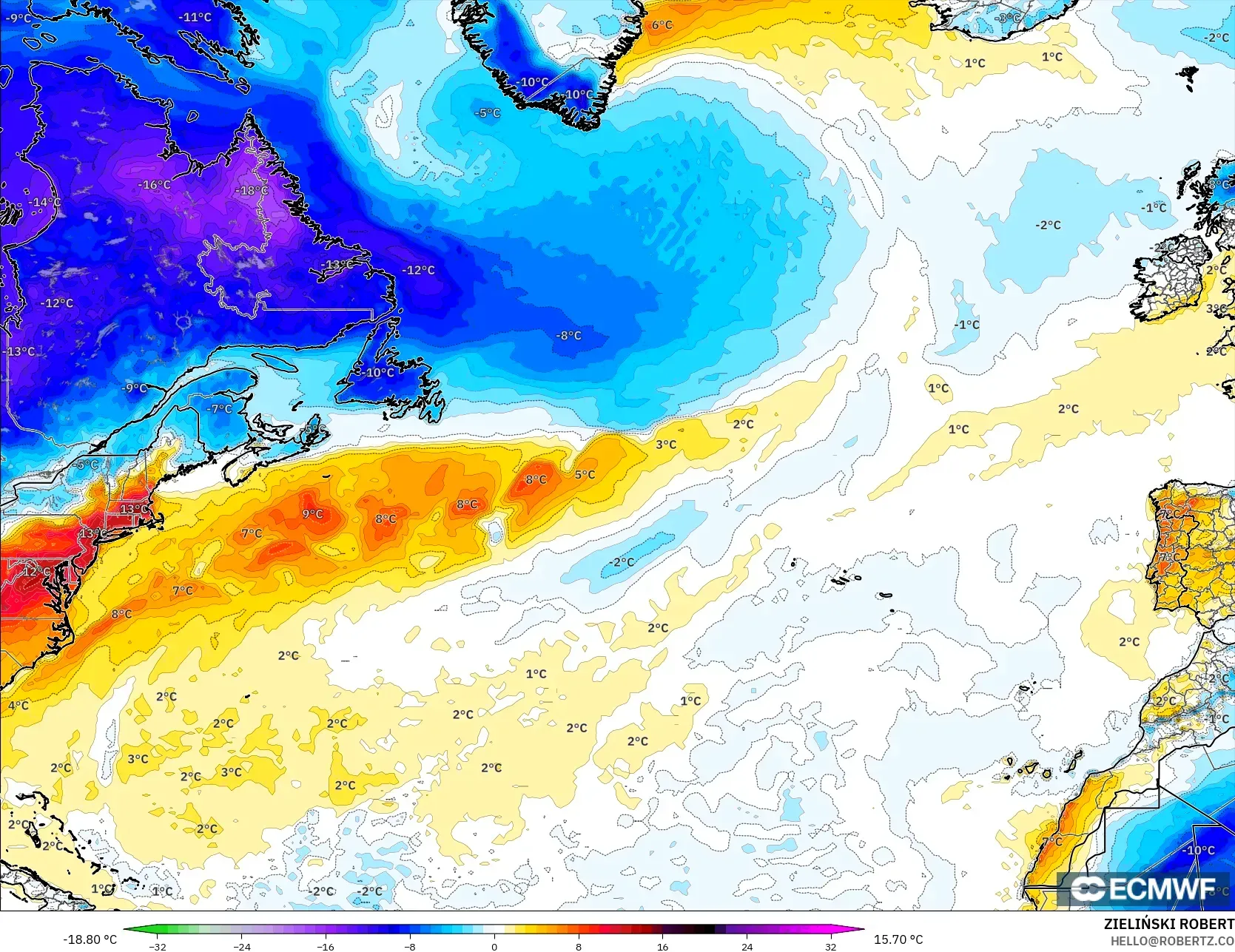 ECMWF IFS 0.25° modelo - Norte Atlántico, Anomalía de temperatura a 2 m