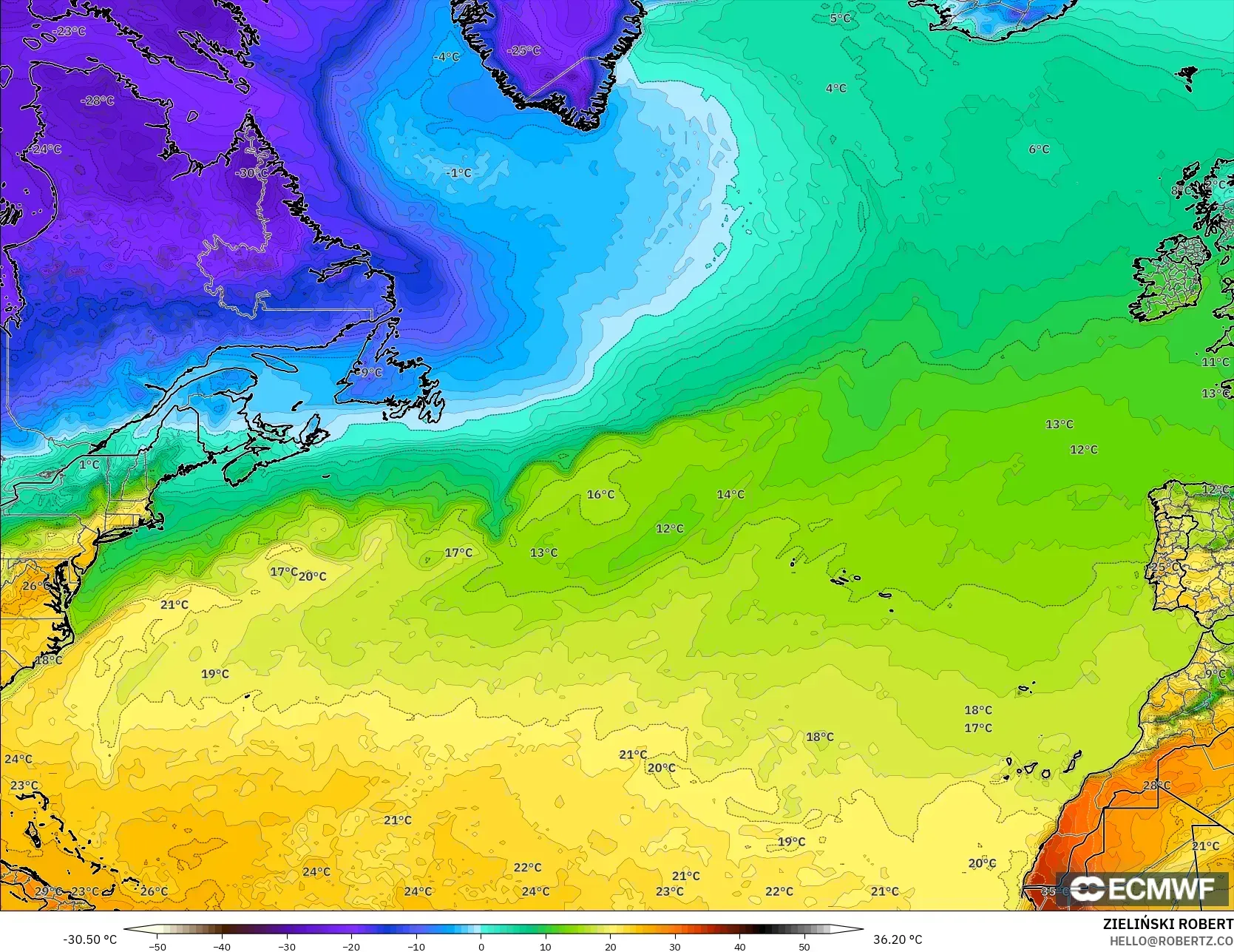 ECMWF IFS 0.25° modelo - Norte Atlántico, Temperatura a 2 m