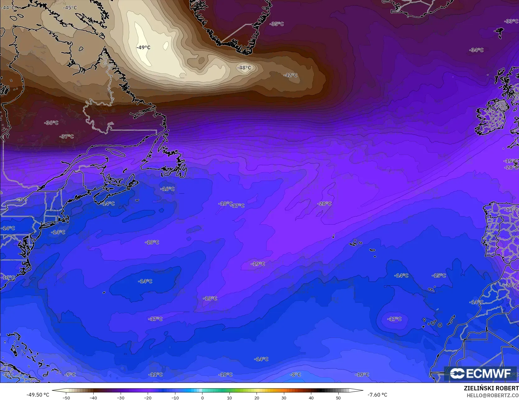 ECMWF IFS 0.25° modelo - Norte Atlántico, Temperatura a 500 hPa