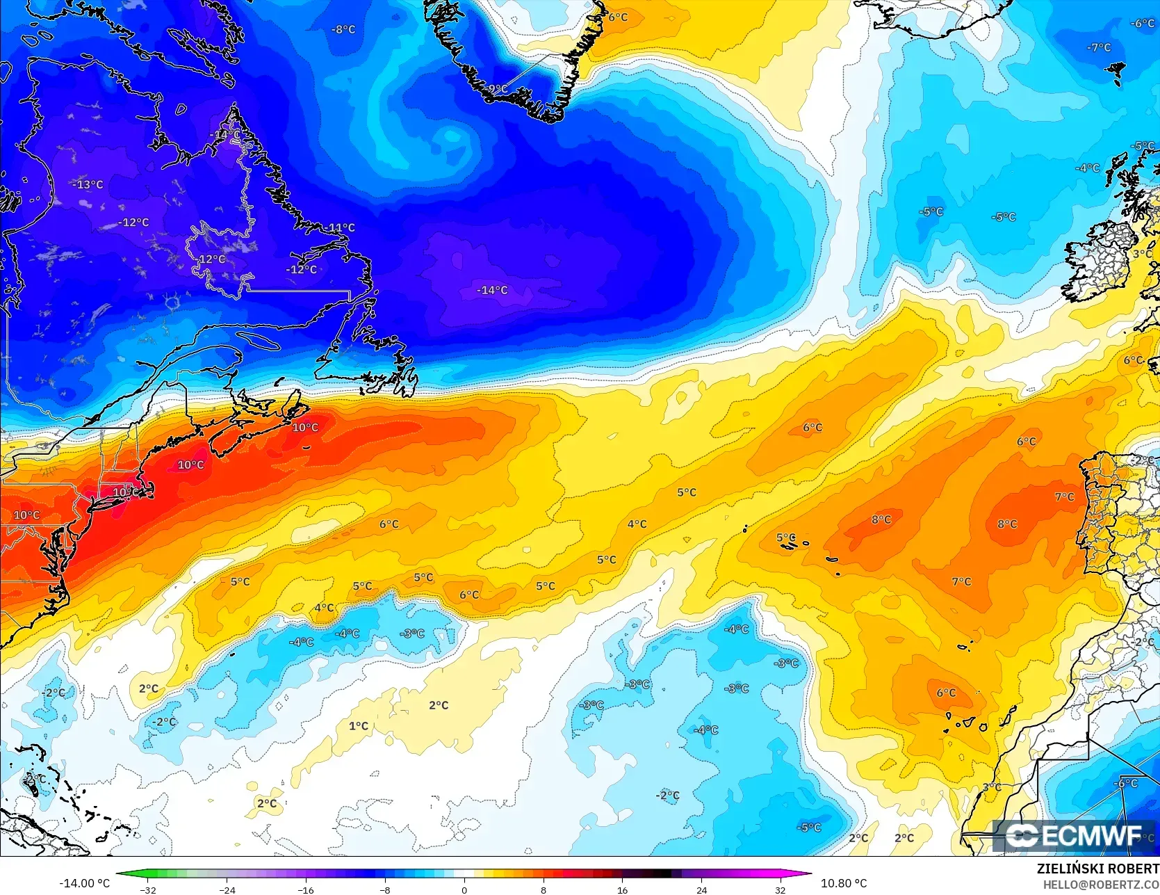 ECMWF IFS 0.25° modelo - Norte Atlántico, Anomalía de temperatura a 850 hPa