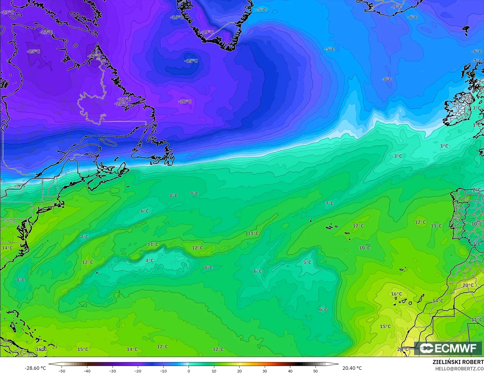 ECMWF IFS 0.25° modelo - Norte Atlántico, Temperatura a 850 hPa