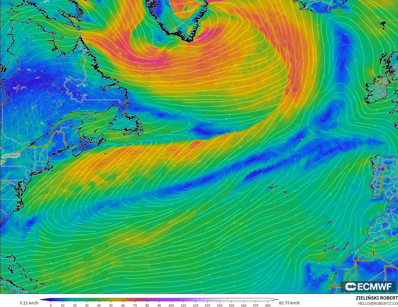 ECMWF IFS 0.25° modelo - Norte Atlántico, Viento a 10 m