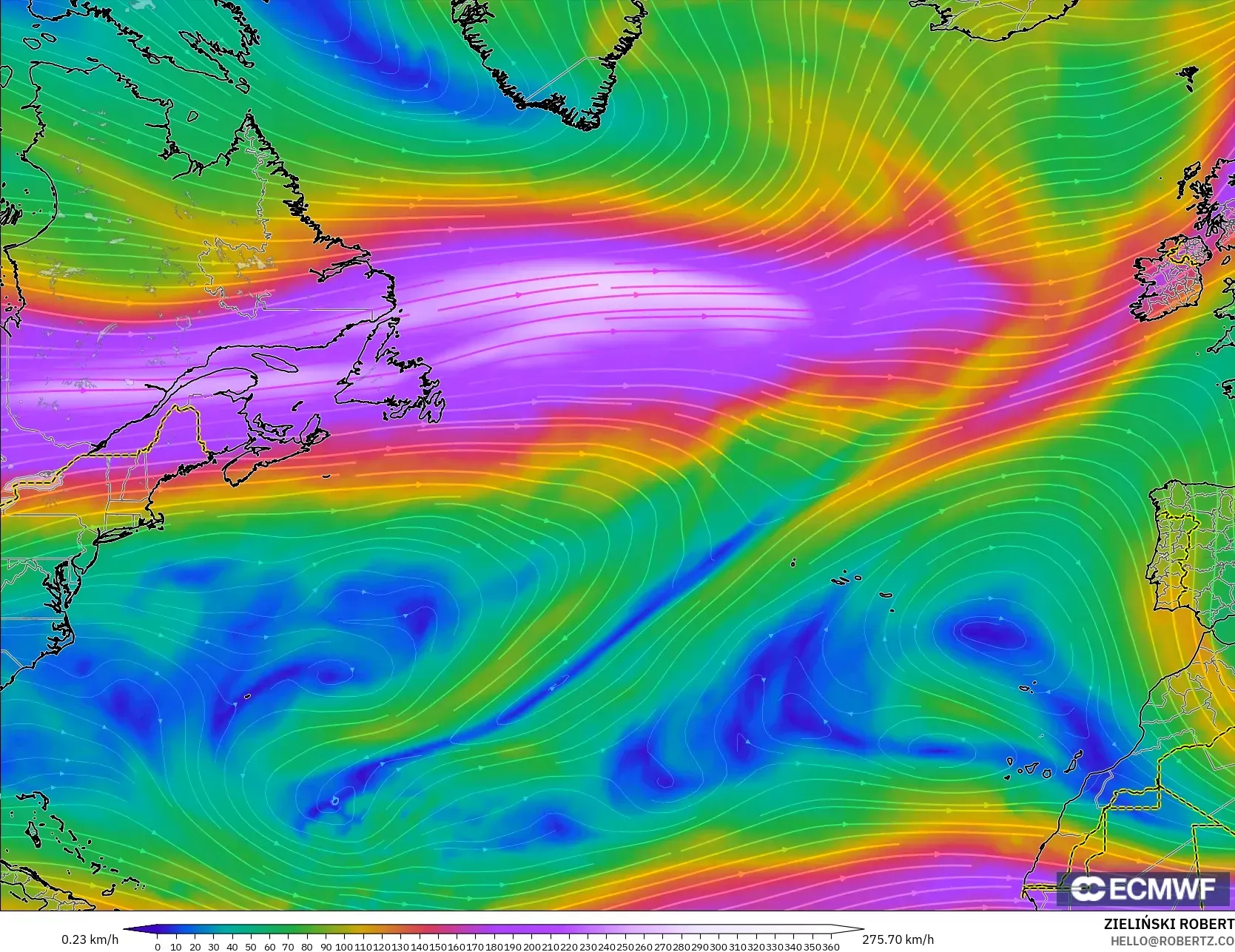 ECMWF IFS 0.25° modelo - Norte Atlántico, Viento a 300 hPa (corriente en chorro)