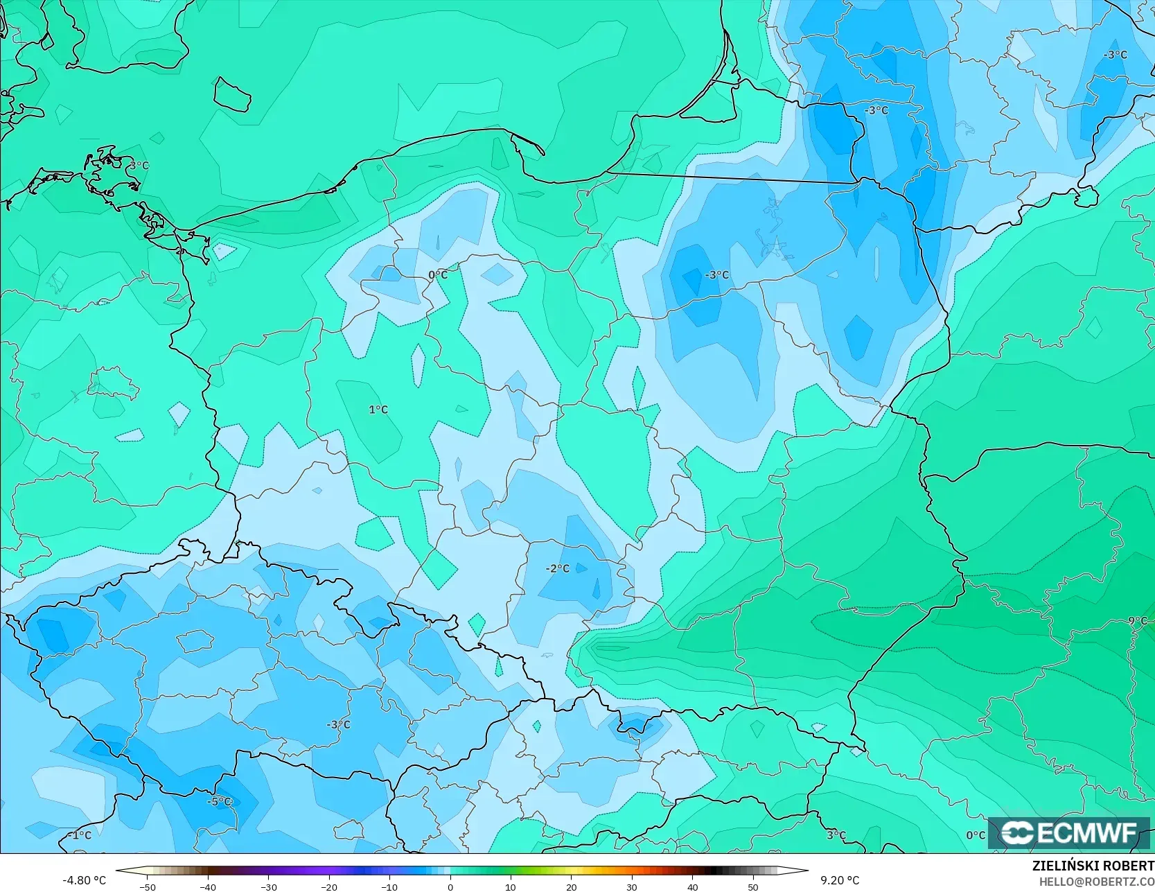 ECMWF IFS 0.25° modelo - Polonia, Punto de rocío a 2 m