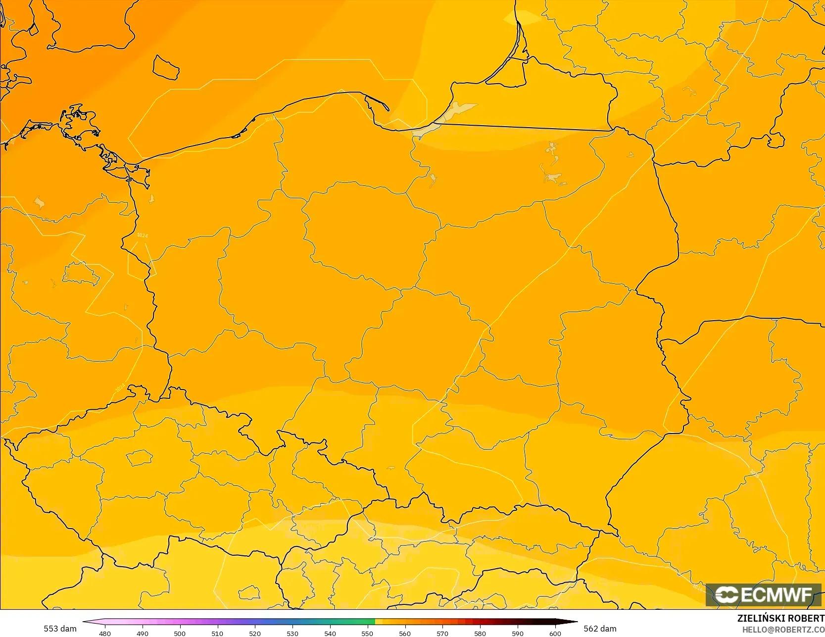 ECMWF IFS 0.25° modelo - Polonia, Altura geopotencial a 500 hPa