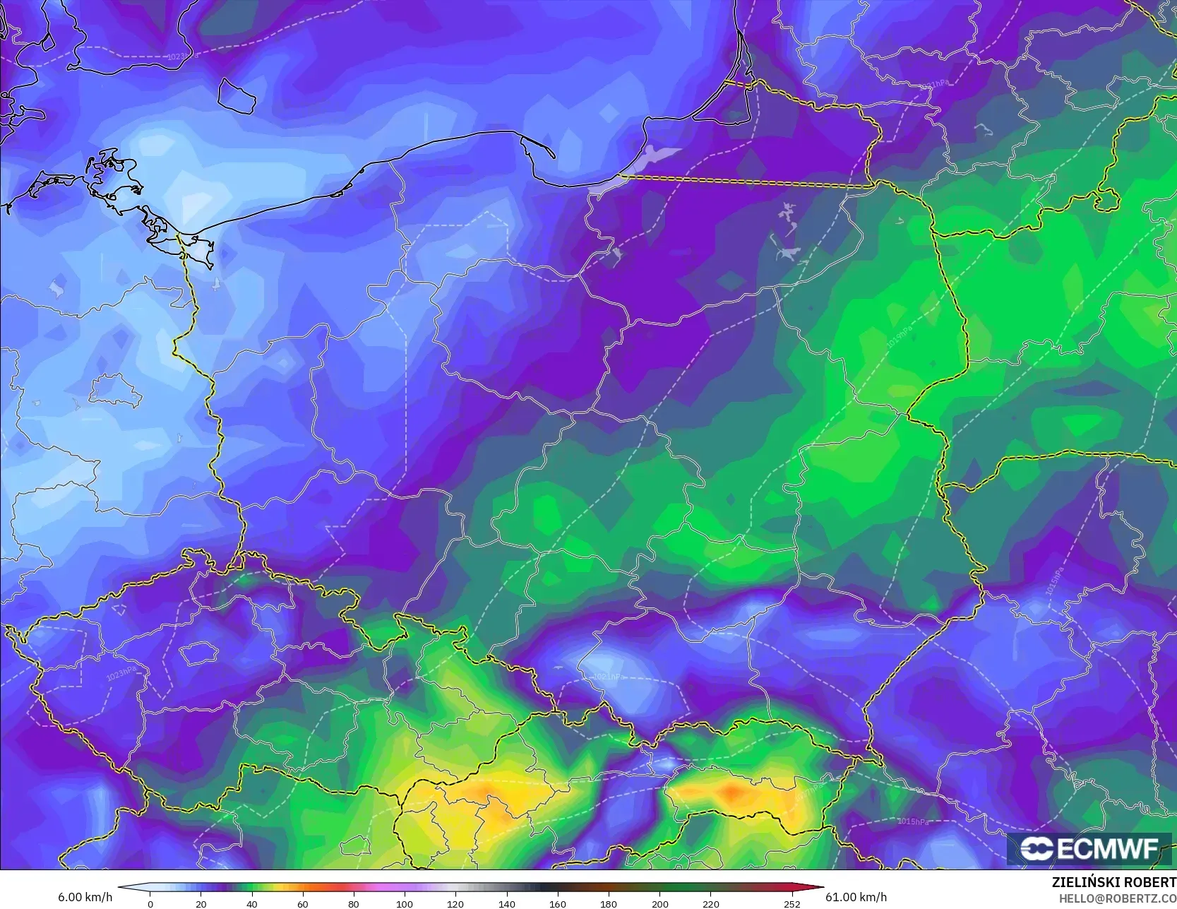 ECMWF IFS 0.25° modelo - Polonia, Ráfagas de viento