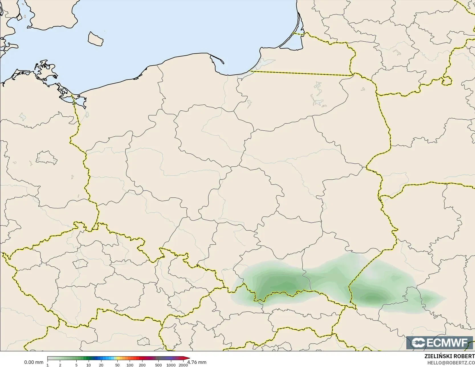 ECMWF IFS 0.25° modelo - Polonia, Acumulación de precipitación