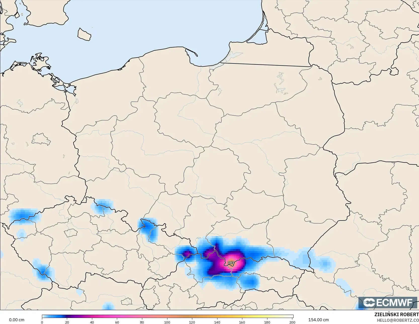 ECMWF IFS 0.25° modelo - Polonia, Profundidad de nieve