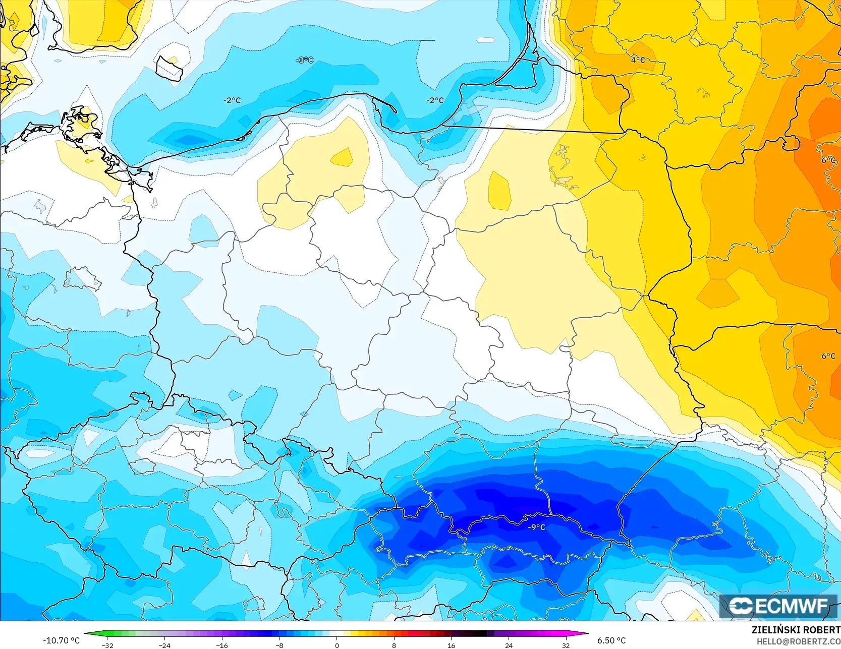 ECMWF IFS 0.25° modelo - Polonia, Anomalía de temperatura a 2 m