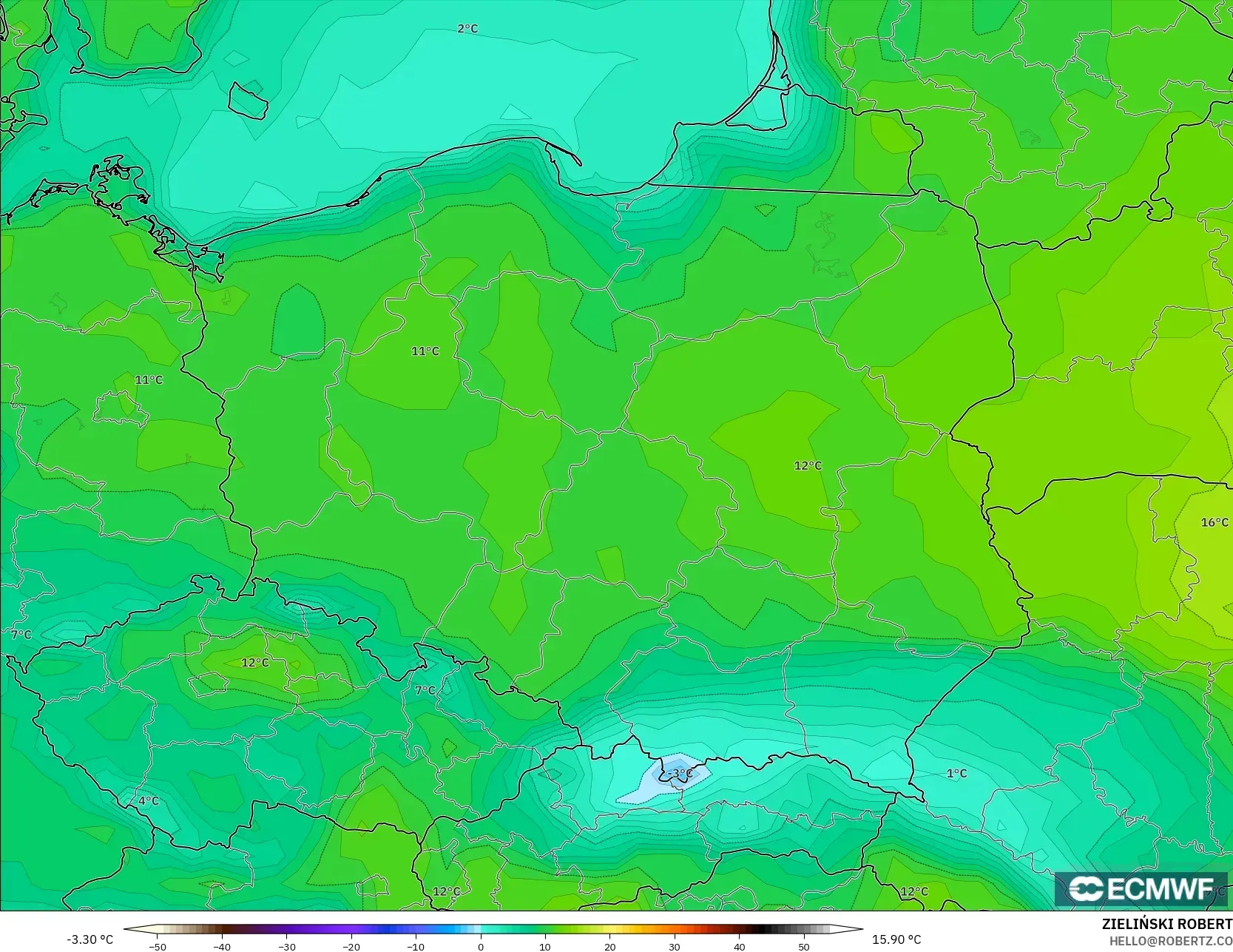 ECMWF IFS 0.25° modelo - Polonia, Temperatura a 2 m