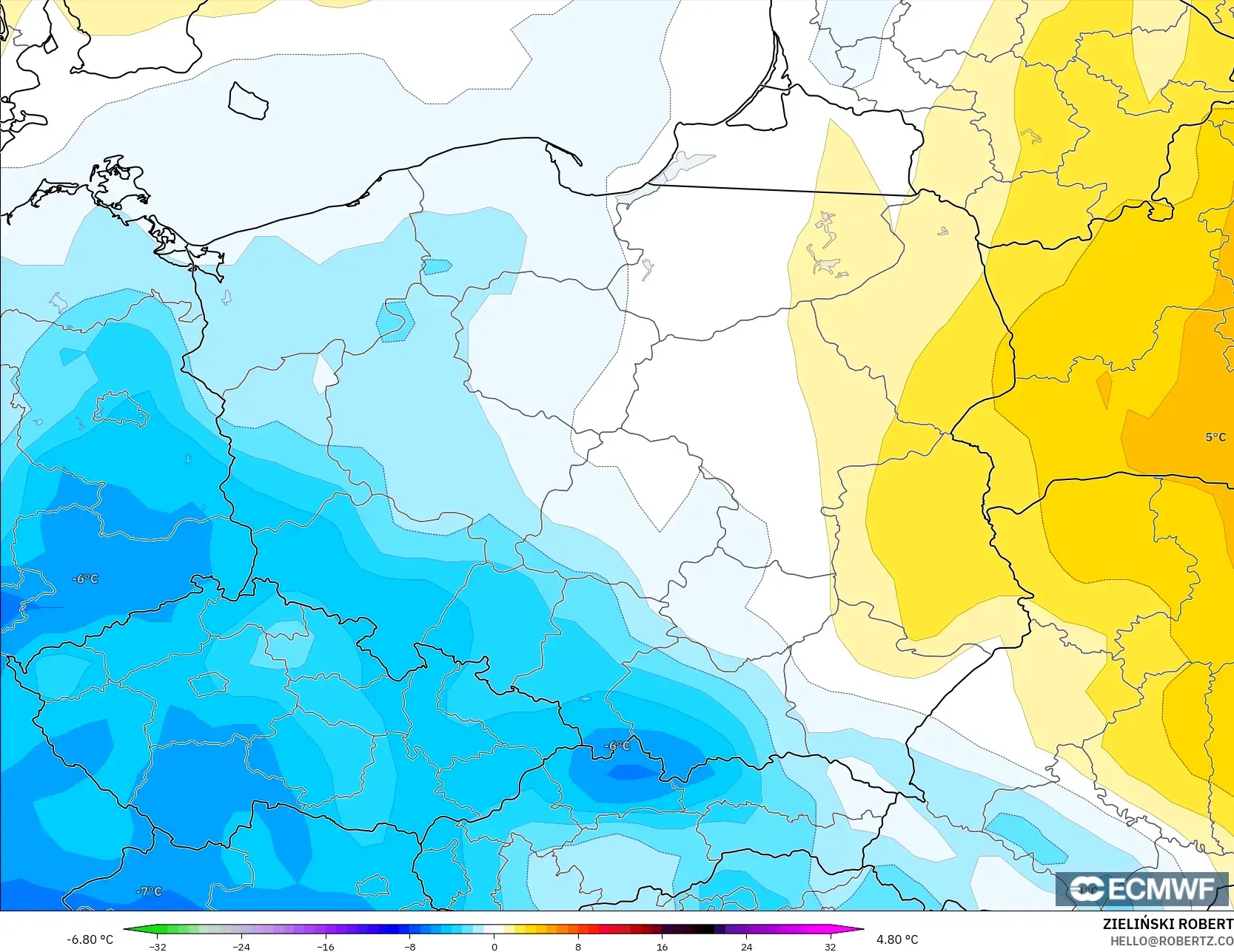 ECMWF IFS 0.25° modelo - Polonia, Anomalía de temperatura a 850 hPa
