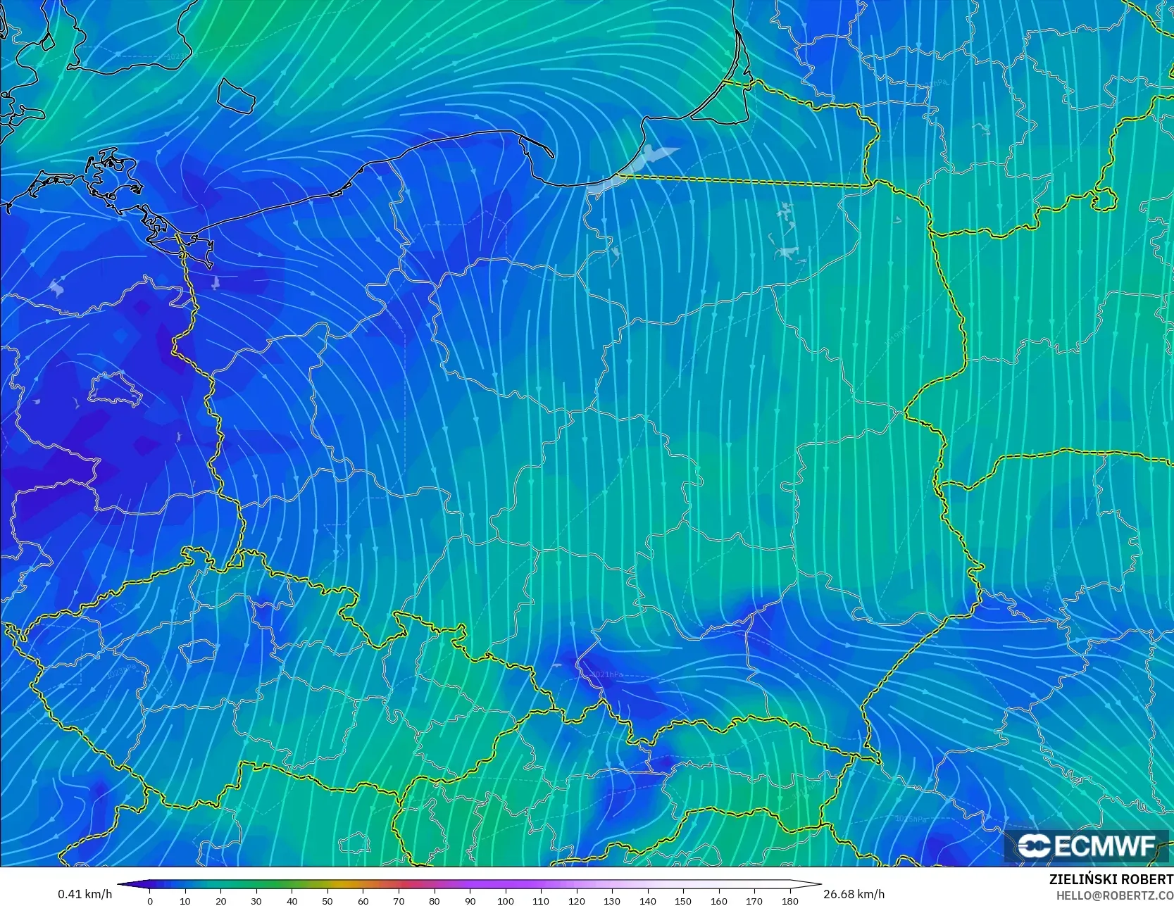 ECMWF IFS 0.25° modelo - Polonia, Viento a 10 m
