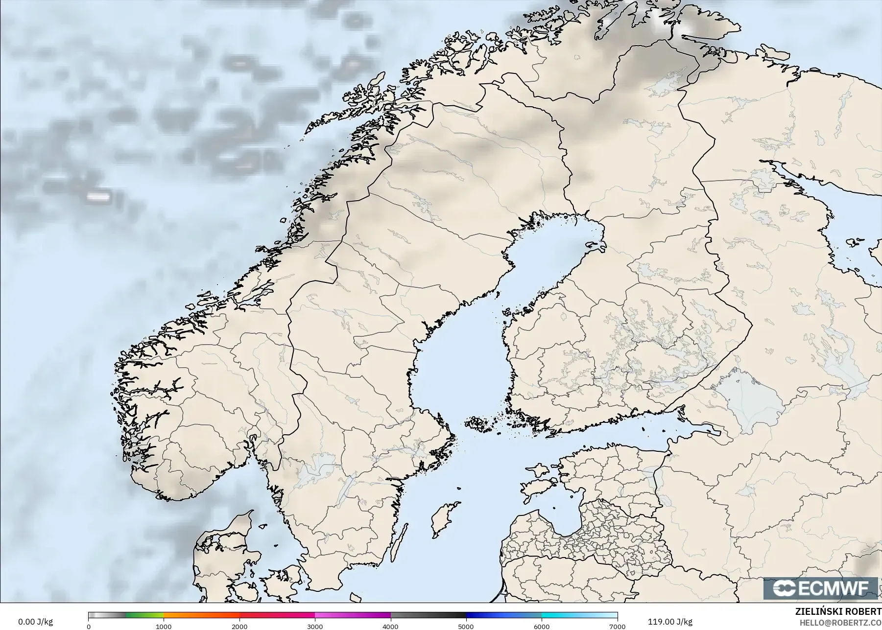 ECMWF IFS 0.25° modelo - Escandinavia, CAPE