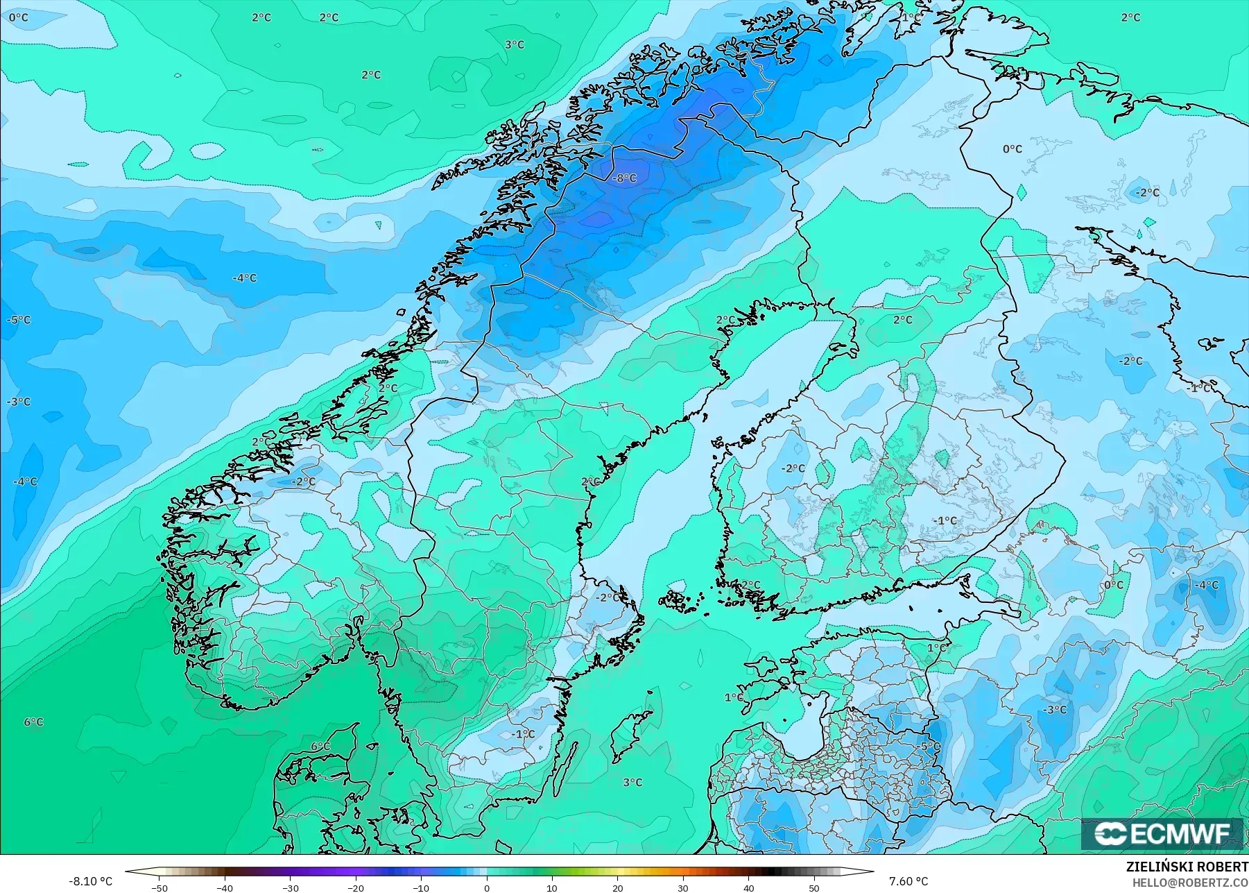 ECMWF IFS 0.25° modelo - Escandinavia, Punto de rocío a 2 m