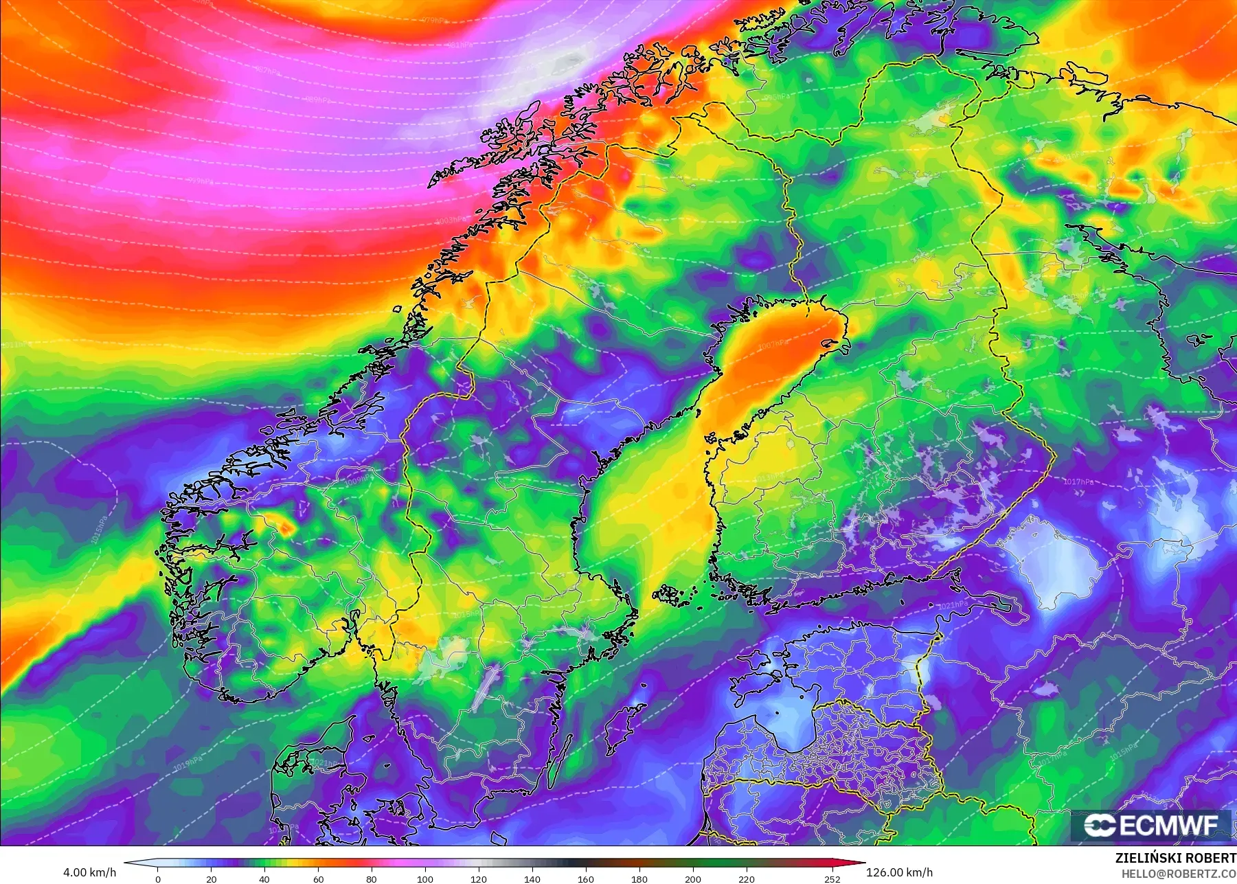 ECMWF IFS 0.25° modelo - Escandinavia, Ráfagas de Viento Máximas
